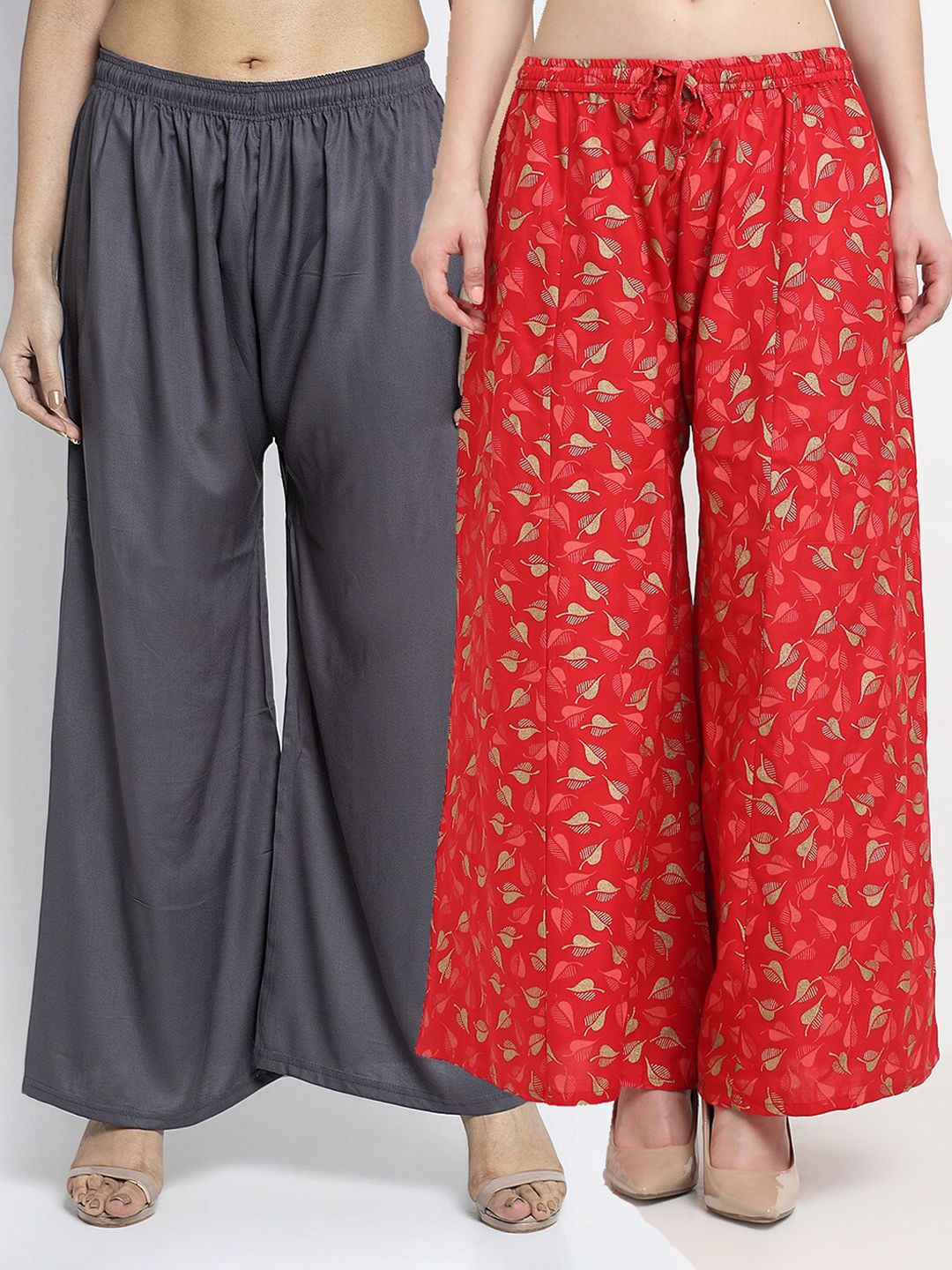 Jinfo Women Grey & Red 2 Printed Flared Knitted Ethnic Palazzos Price in India