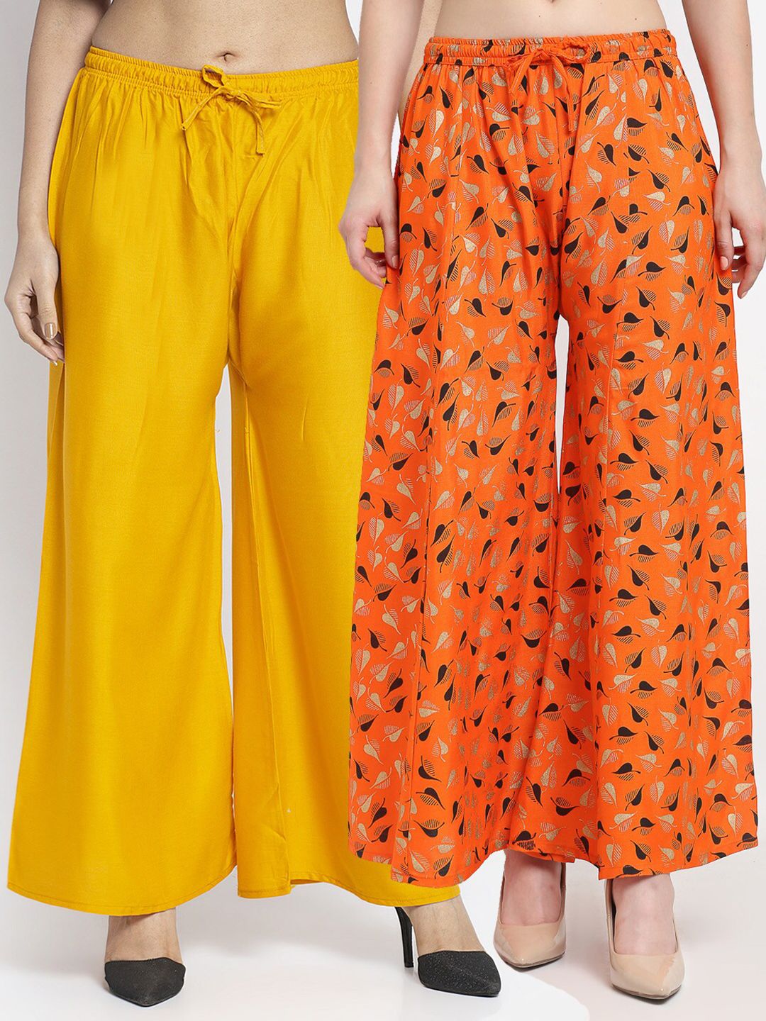 Jinfo Women Yellow & Orange 2 Printed Flared Knitted Ethnic Palazzos Price in India