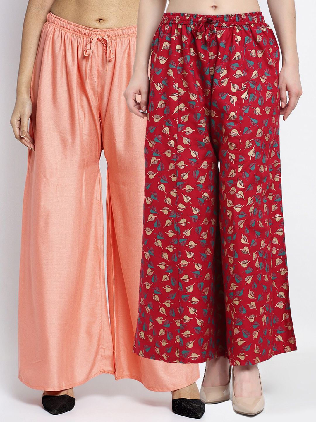 Jinfo Women Peach-Coloured & Red Printed Flared Knitted Ethnic Palazzos Set of 2 Price in India