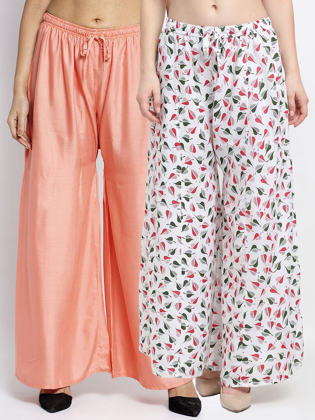 Jinfo Women Peach-Coloured & White Printed Flared Knitted Ethnic Palazzos Set Of 2 Price in India