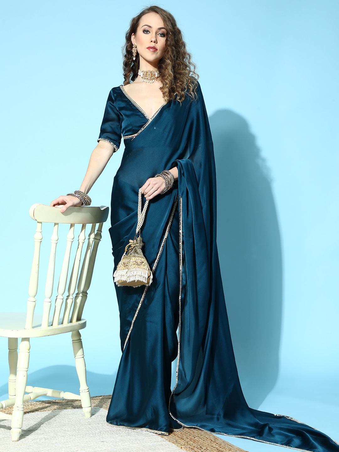 Inddus Solid Saree with Embellished Border Price in India