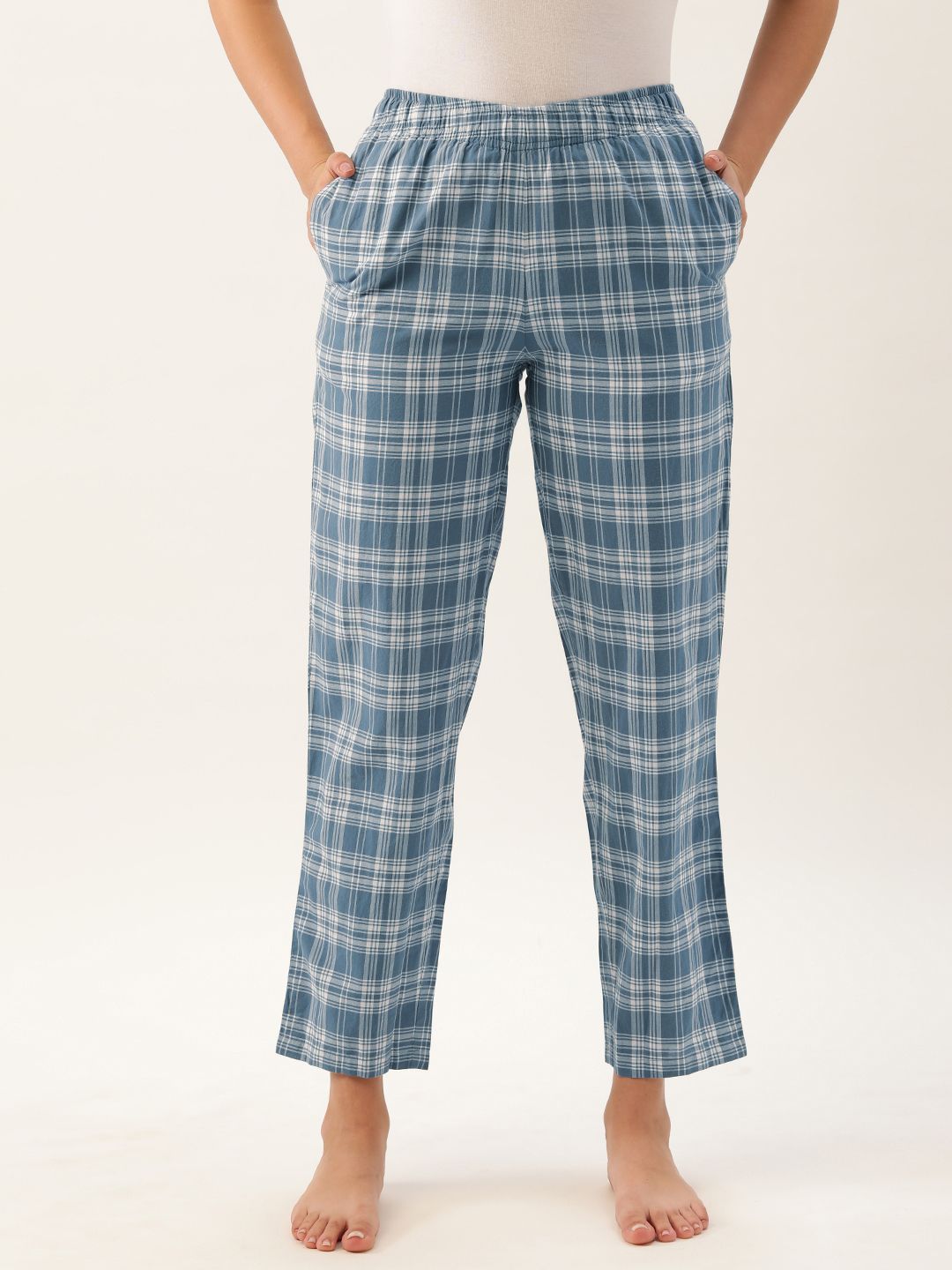 Clt.s Women Blue & White Checked Pure Cotton Lounge Pants Price in India