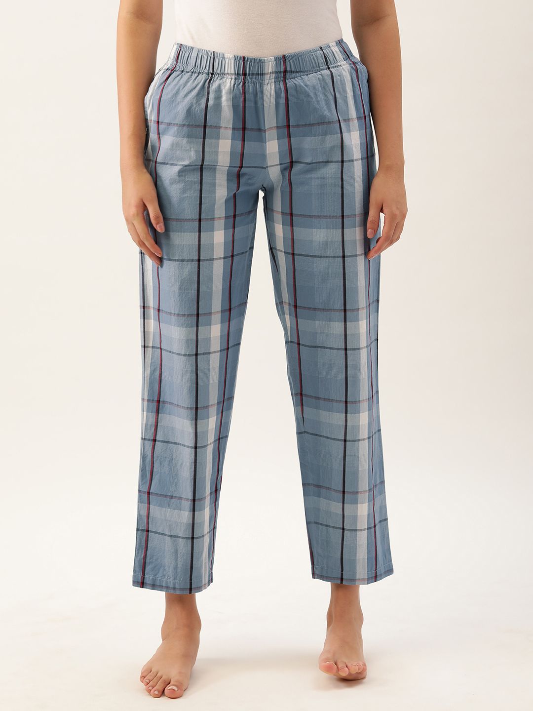 Clt.s Women Blue & White Pure Cotton Checked Lounge Pants Price in India