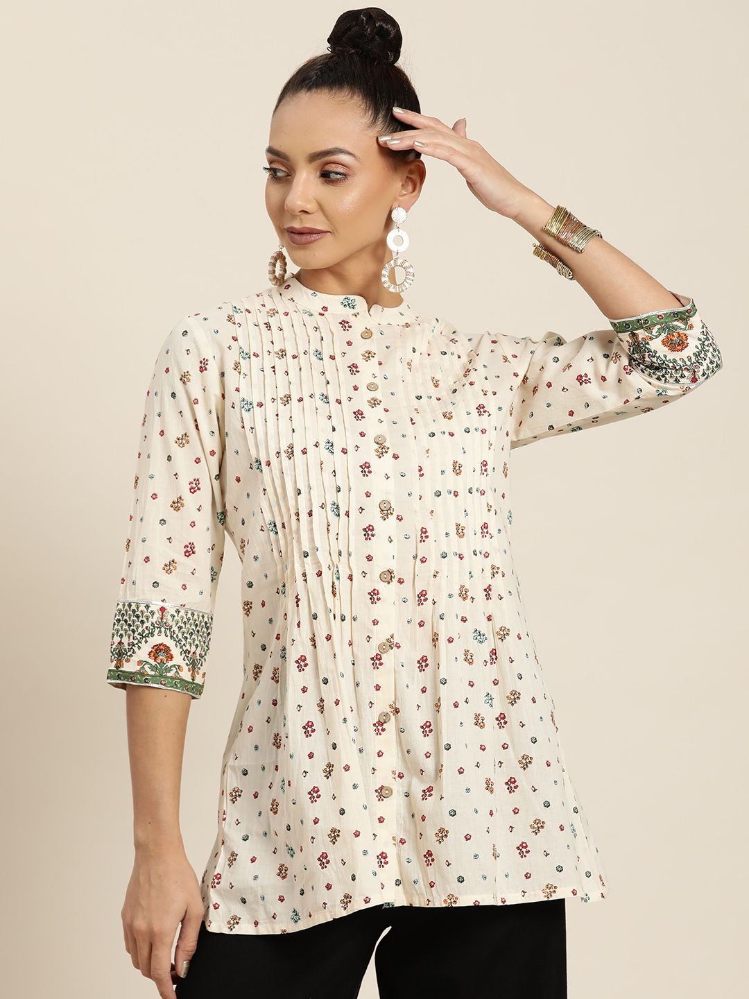 Juniper Women Off White & Red Pure Cotton Floral Print Mandarin Collar Tunic Price in India