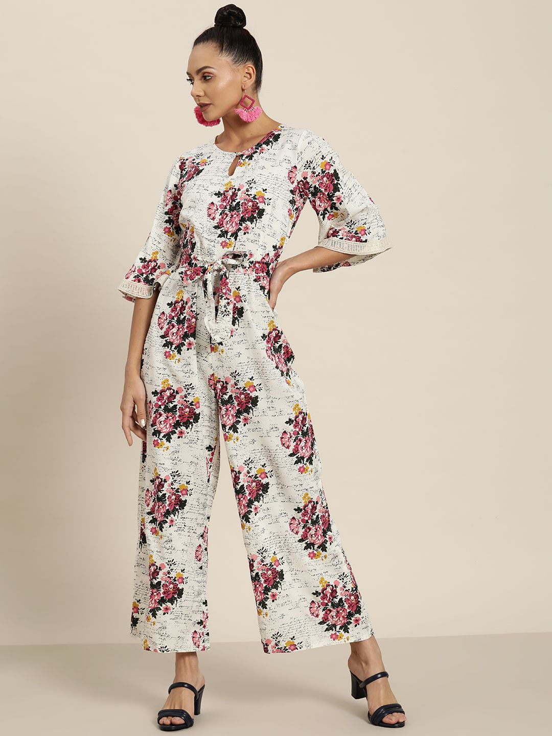 Juniper Women Off White & Pink Floral Print Basic Jumpsuit Price in India
