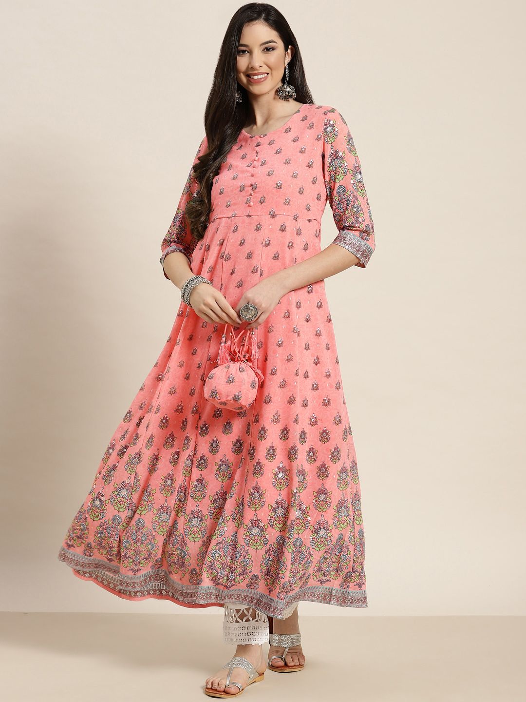 Juniper Women Pink Floral Printed Georgette Anarkali Kurta Price in India