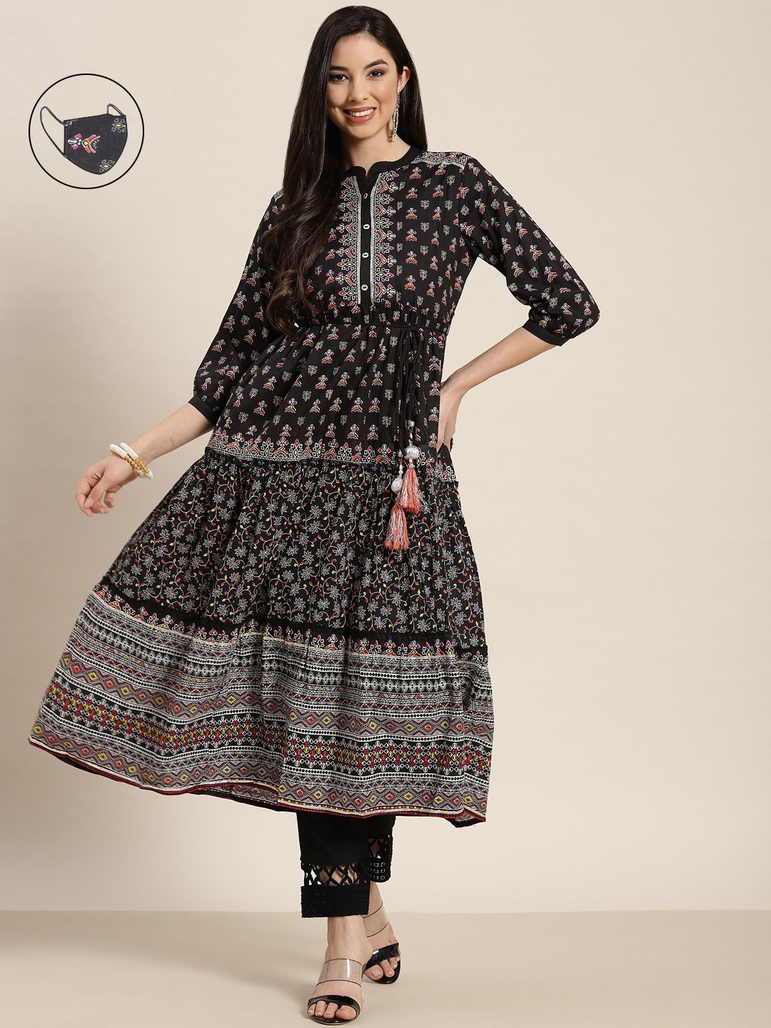 Juniper Women Black Ethnic Motifs Printed Anarkali Kurta Price in India