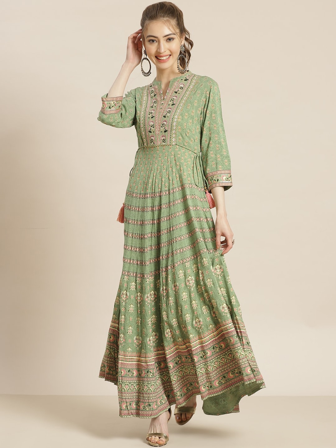 Juniper Women Green & Pink Floral Embroidered Thread Work Anarkali Kurta Price in India