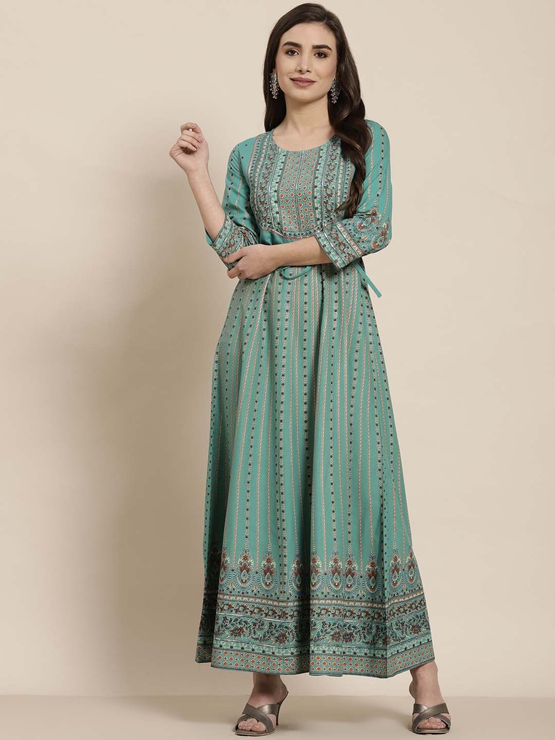 Juniper Women Green & Orange Floral Printed Anarkali Kurta Price in India