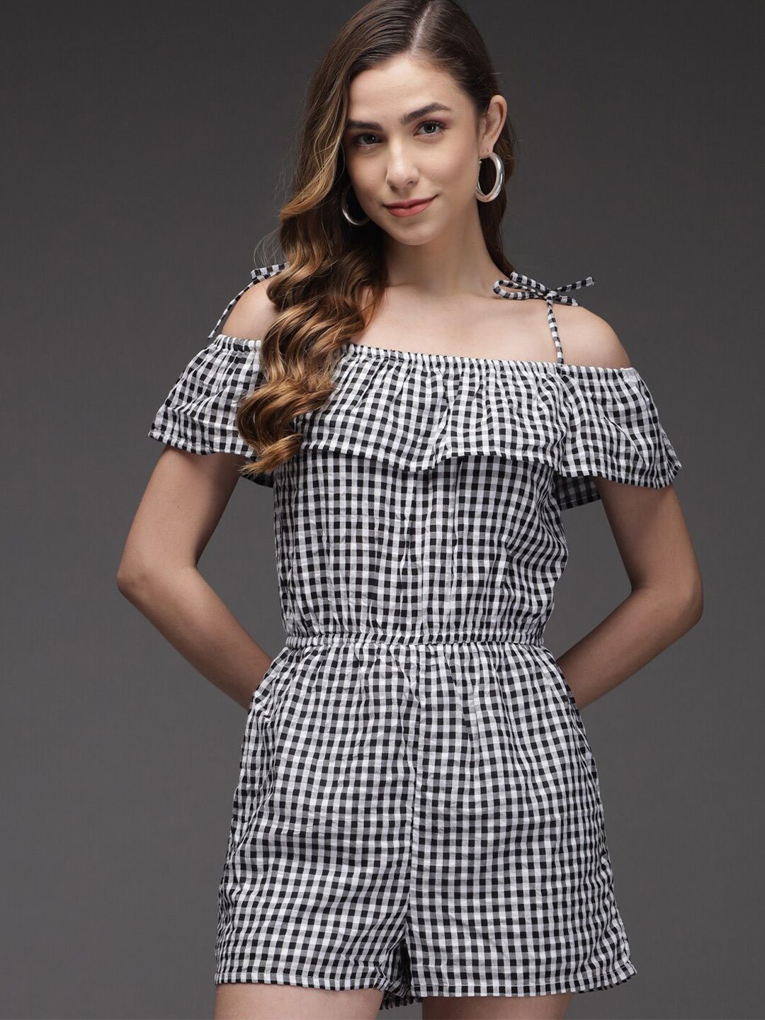 Darzi Black & White Off-Shoulder Checked with Ruffles Jumpsuit Price in India