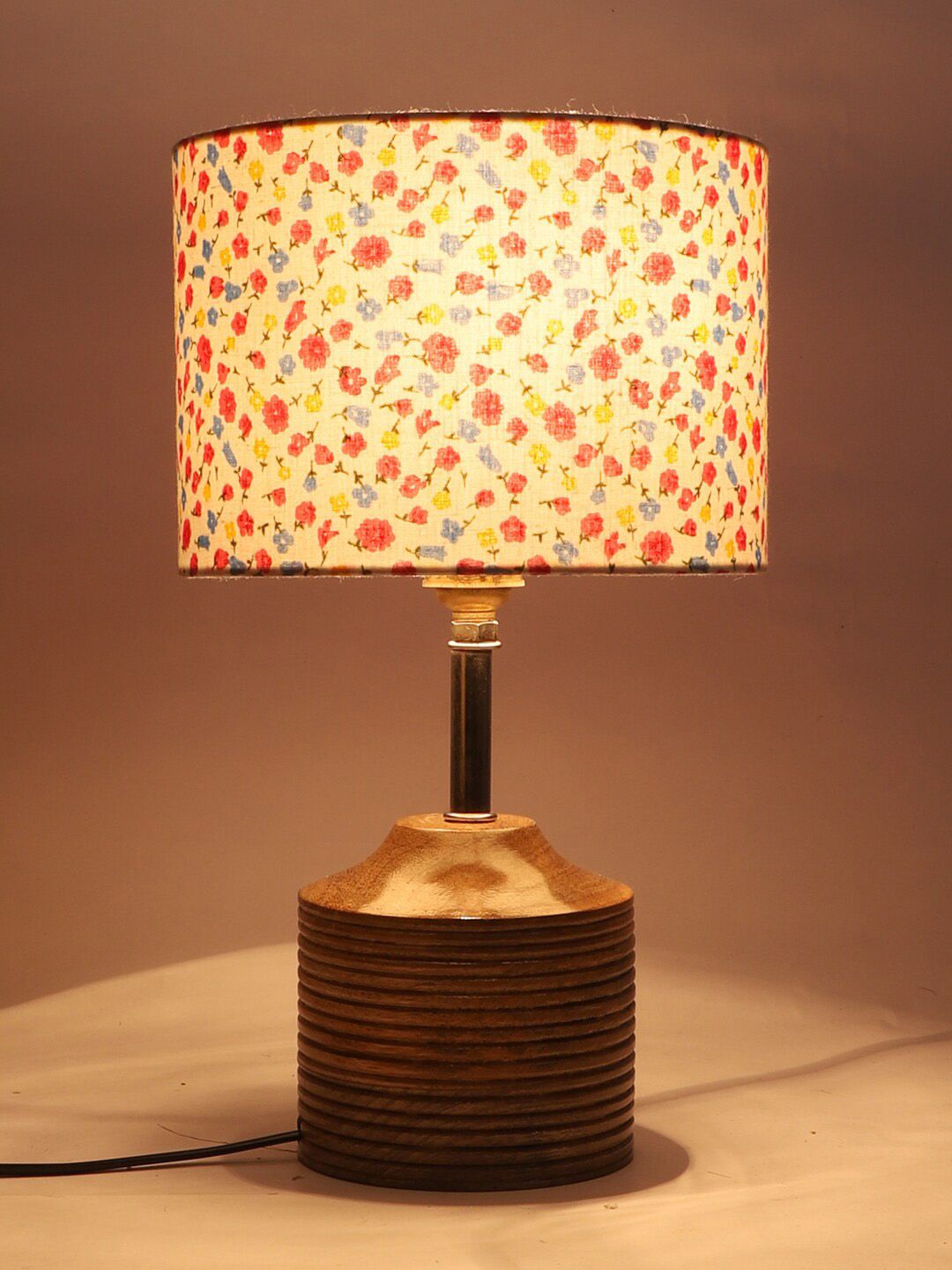 Devansh Brown Wood Table Lamp with Multicoloured Cotton Shade Price in India