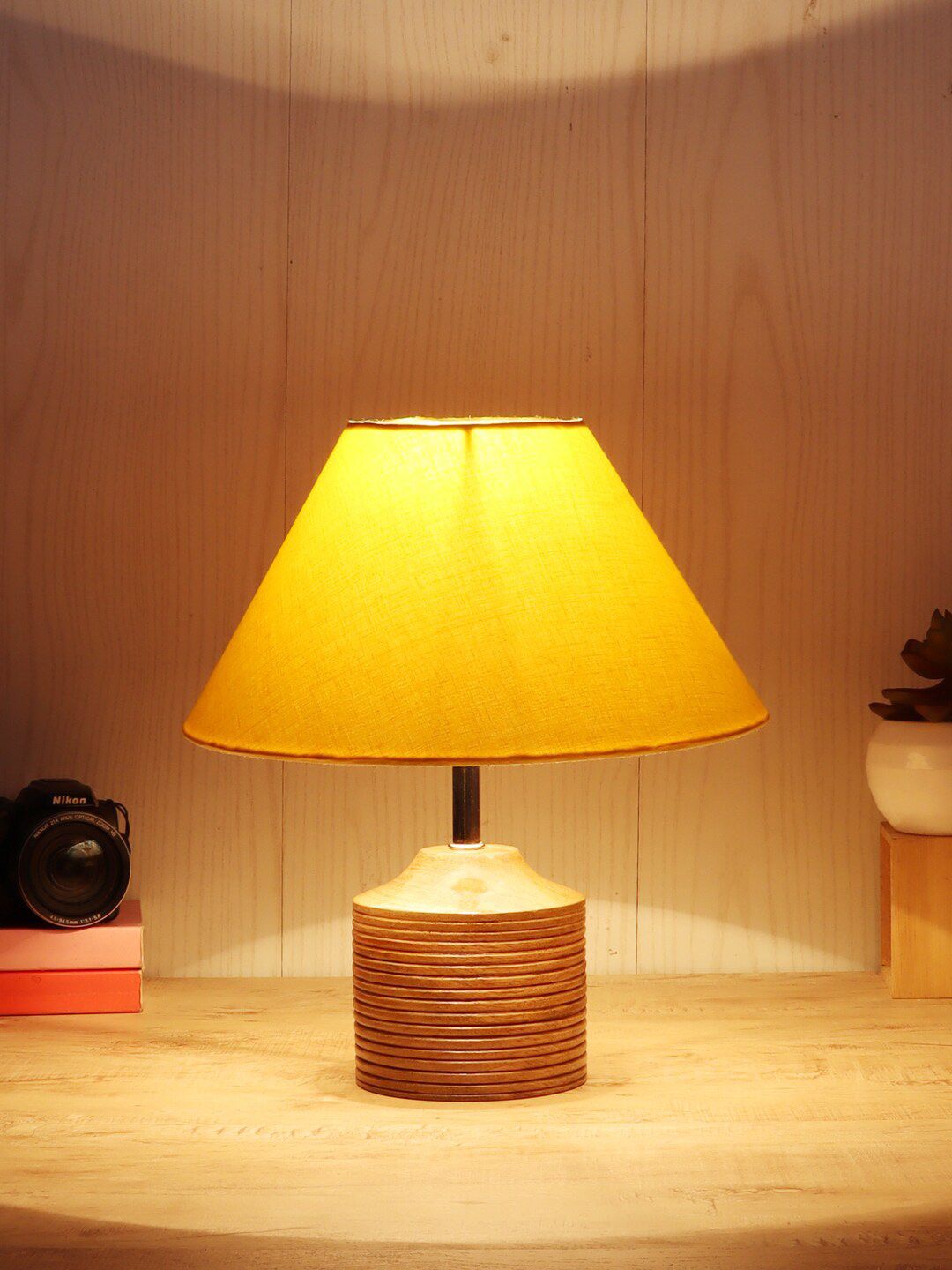 Devansh Yellow Traditional Frustum Shaped Lamp with Shade Price in India