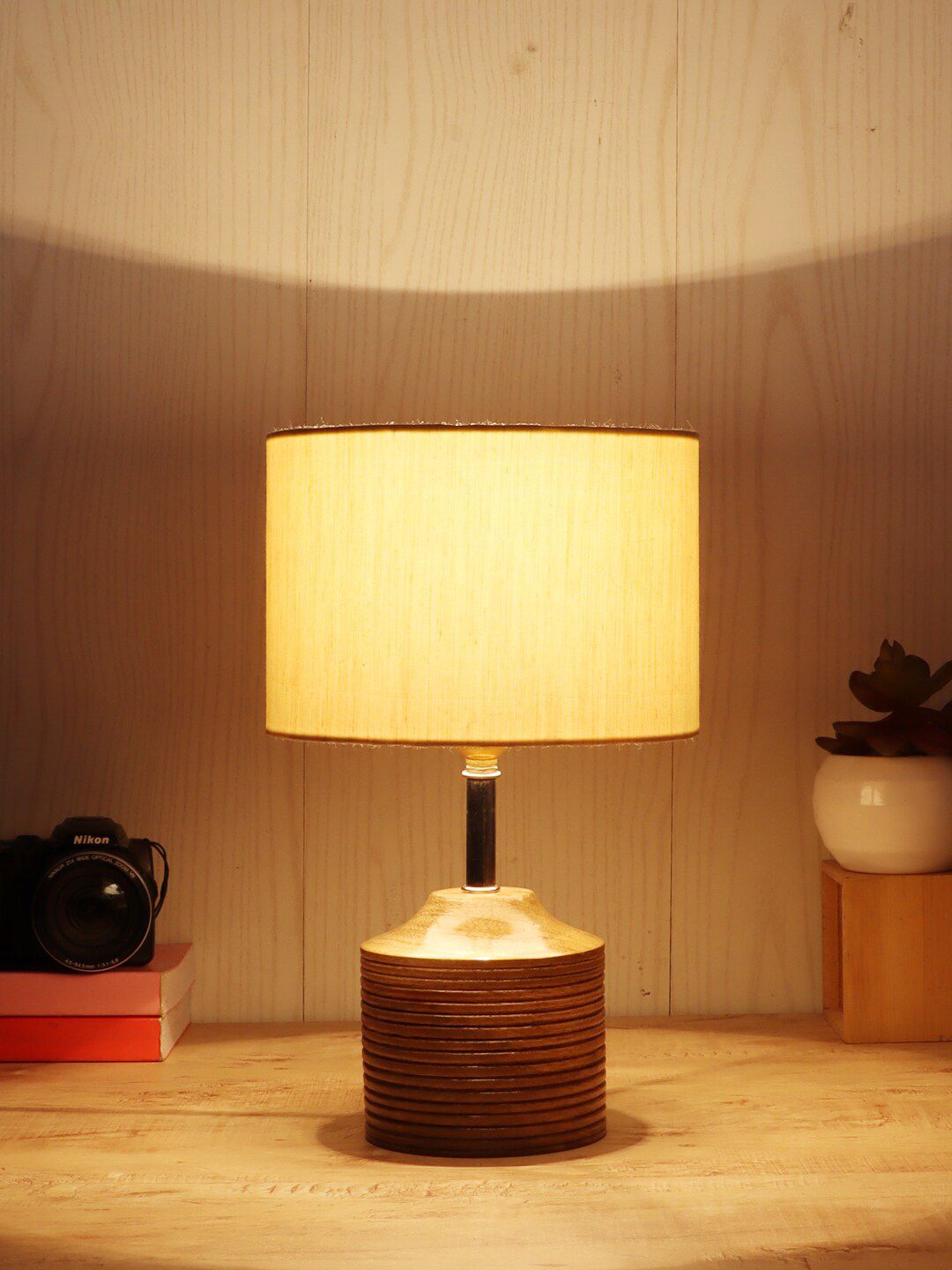 Devansh Off-White Wood Table Lamp with Cotton Shade Price in India