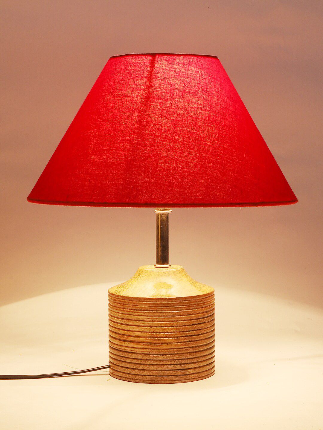 Devansh Red Frustum Shaped Cotton Shade Table Lamp With Wooden Stand Price in India