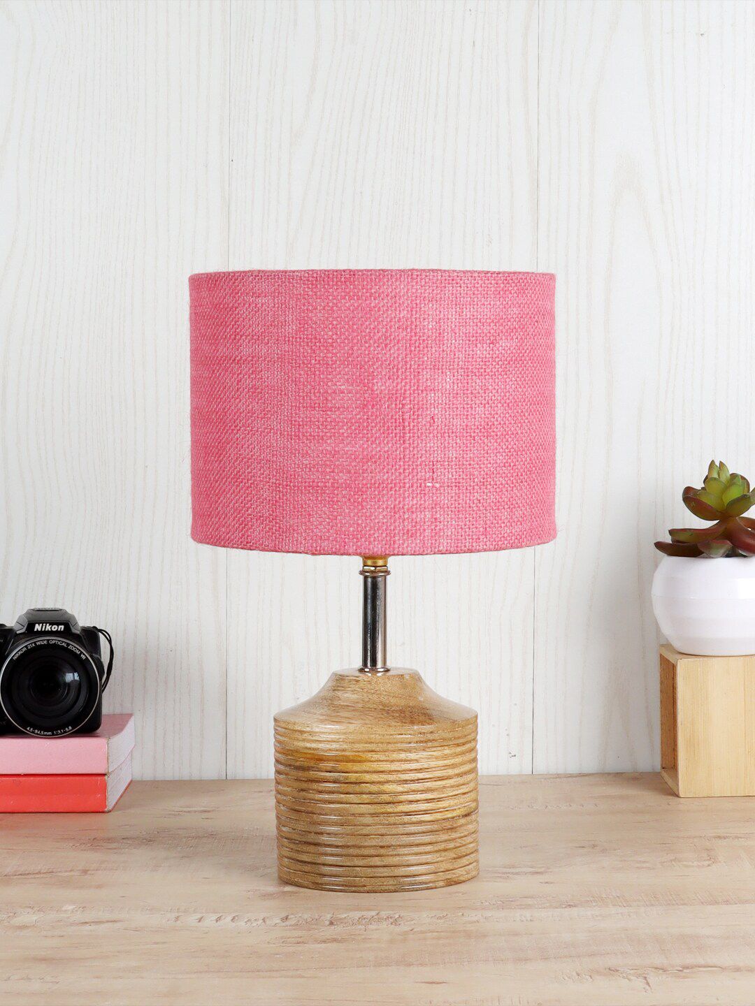 Devansh Pink Wood Table Lamp With Jute Shade Price in India