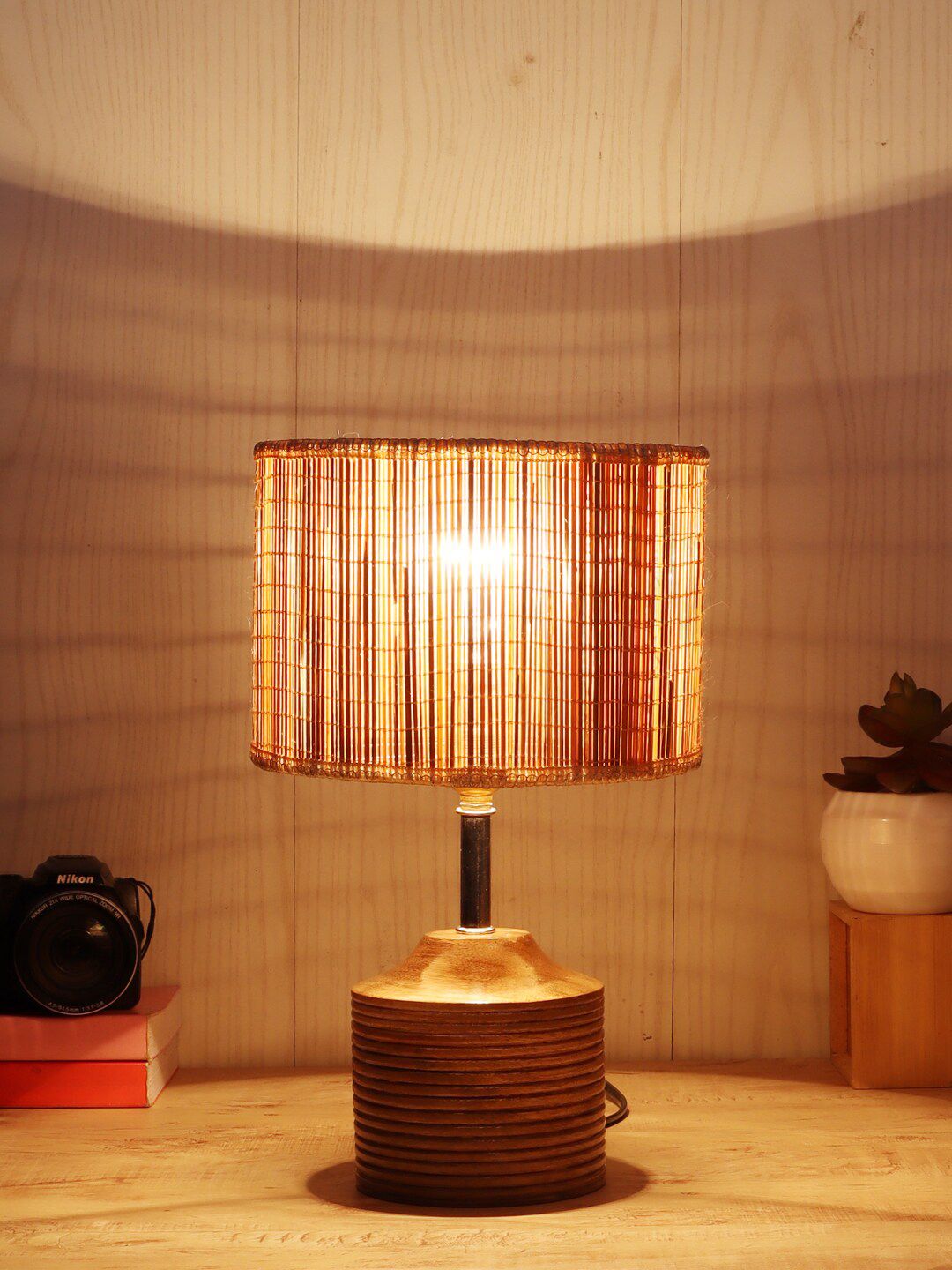 Devansh Beige Wood Table Lamp with Bamboo Shade Price in India