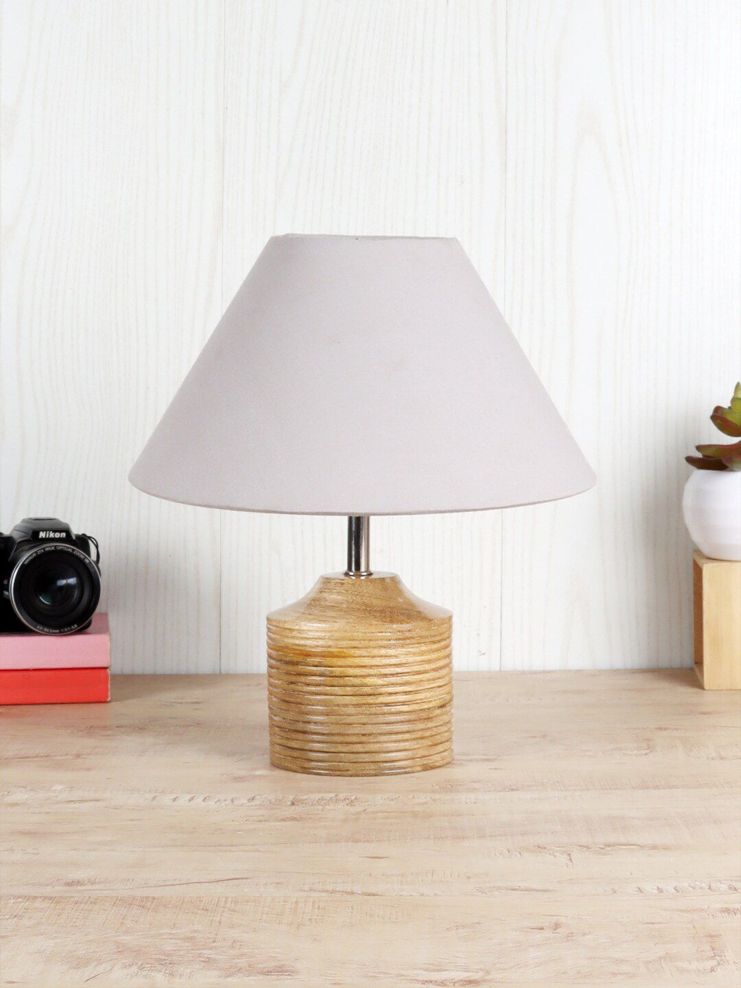 Devansh Grey Wood Table Lamp with Cotton Shade Price in India