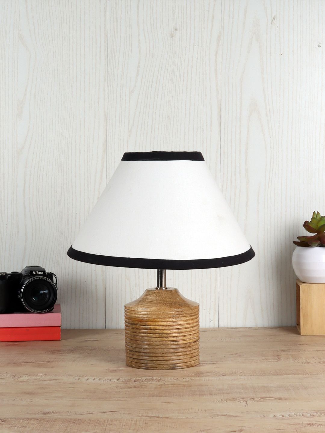 Devansh White & Black Wooden Table Lamp with Cotton Shade Price in India