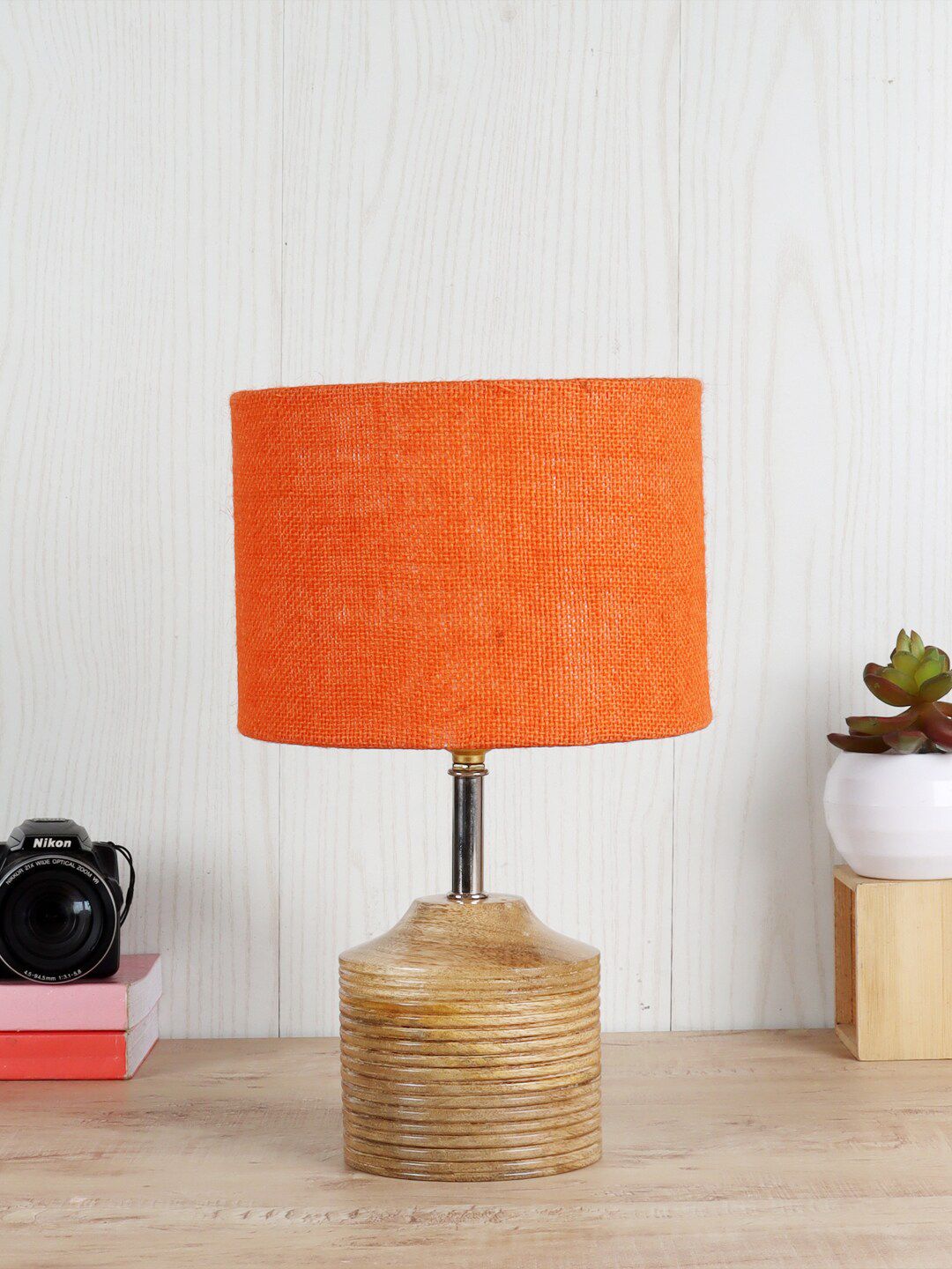 Devansh Orange Cylindrical Shaped Jute Shade Table Lamp With Wooden Stand Price in India