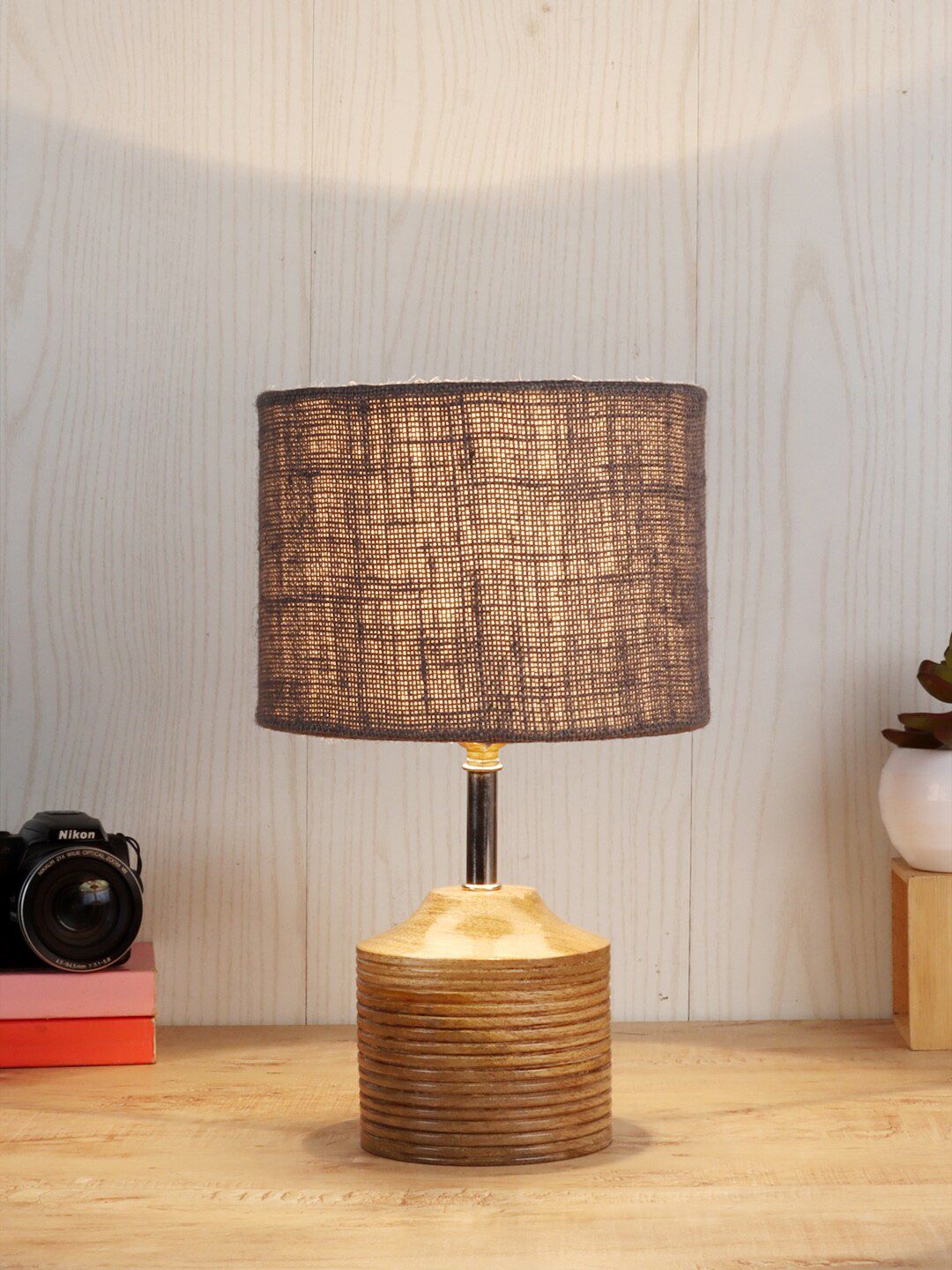 Devansh Grey Cylindrical Shaped Jute Shade Table Lamp With Wooden Stand Price in India