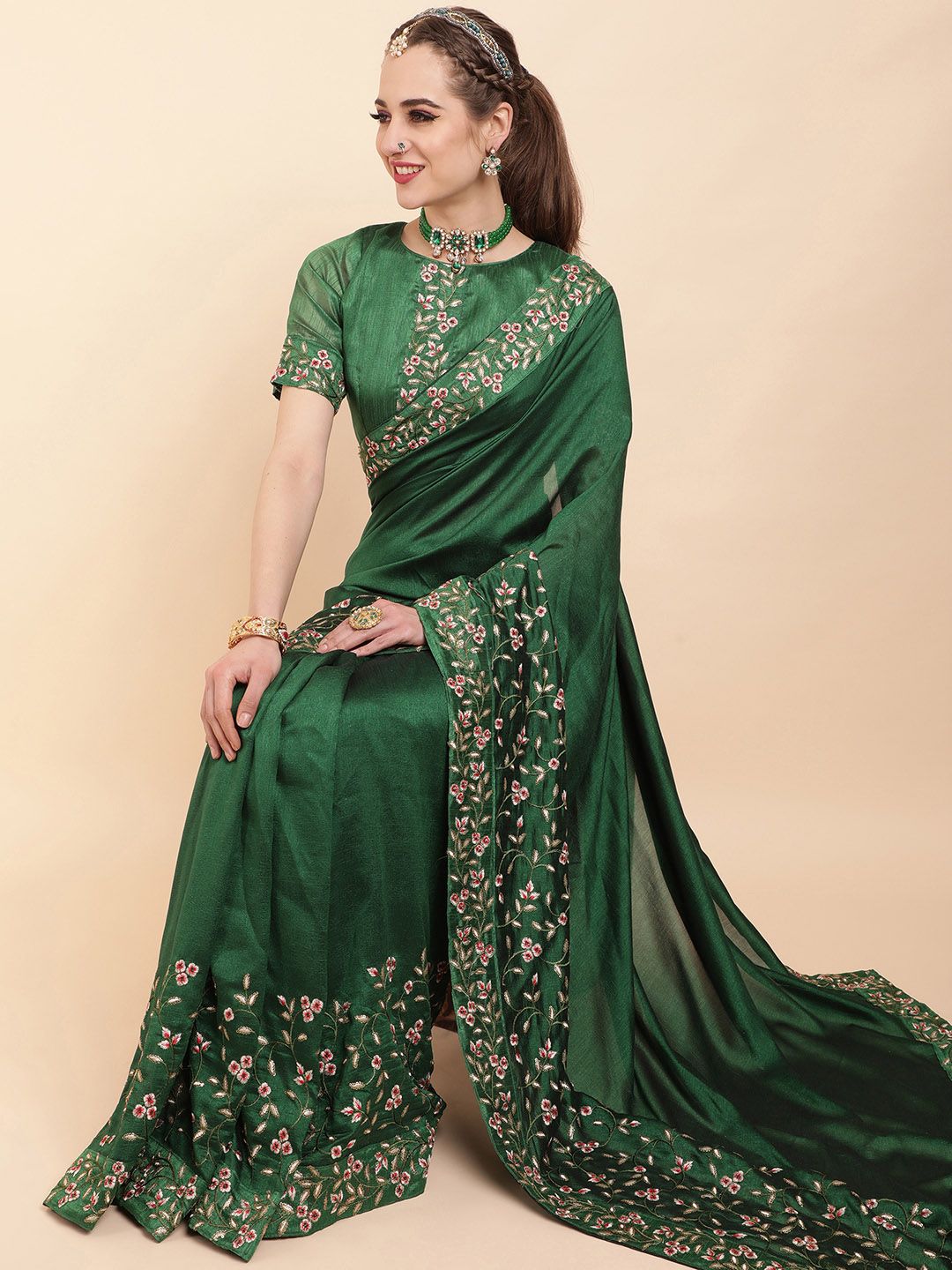 Sangria Green & Red Floral Embroidered Silk Blend Saree