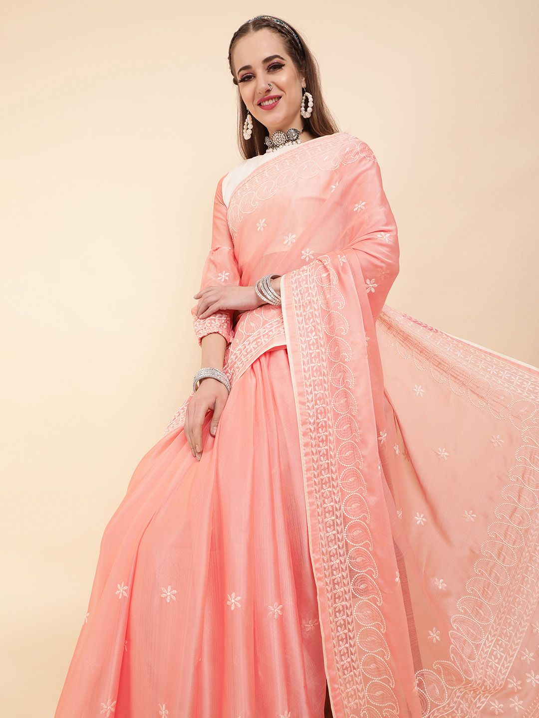 Sangria Pink & White Ethnic Motifs Chikankari Pure Chiffon Saree