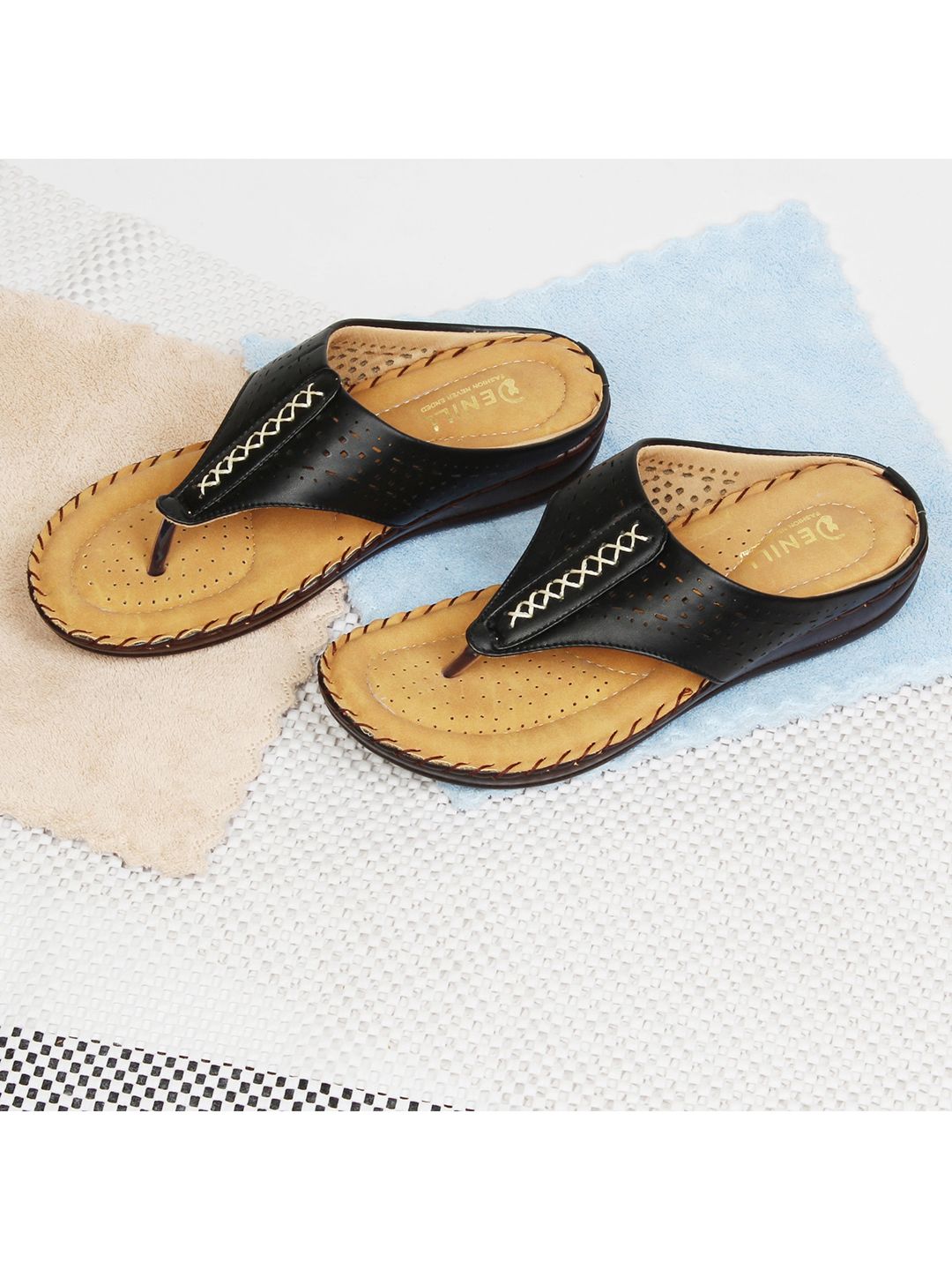 Denill Black & Brown Comfort Sandals with Laser Cuts Price in India