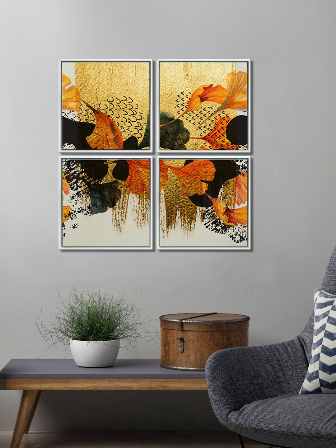 999Store Set Of 4 Gold Coloured & Yelow Abstract Canvas Painting Wall Art Price in India