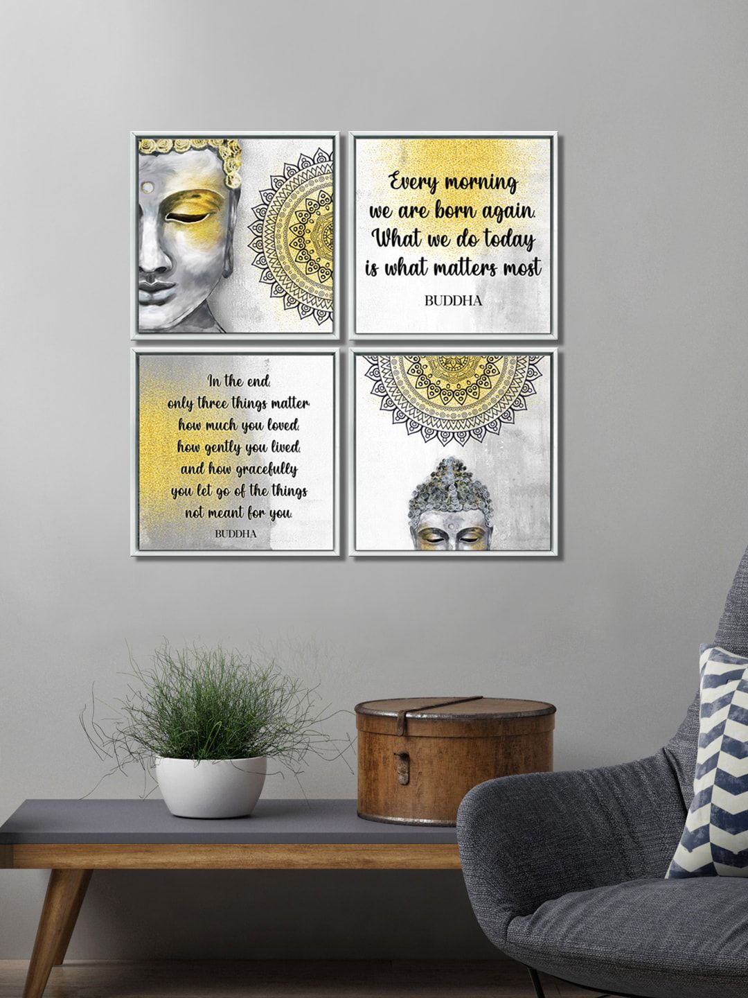 999Store Set of 4 Grey & Yellow Lord Buddha Wall Art Price in India