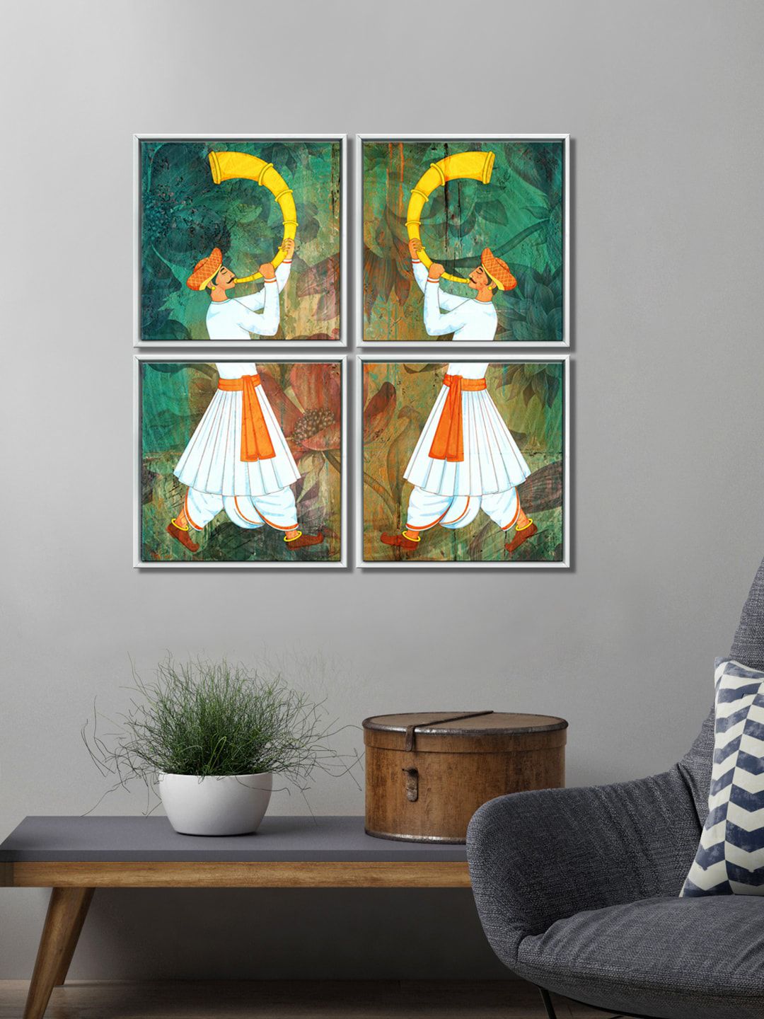 999Store Set Of 4 Green & White Men Playing Saxophone Printed Canvas Wall Painting Price in India