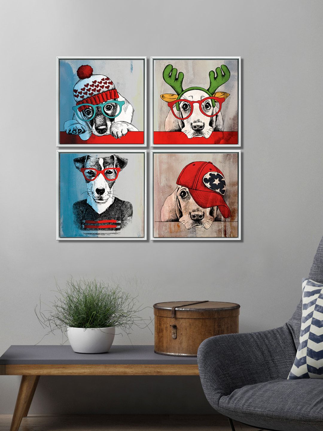 999Store Set of 4 Grey & Red  Dogs Art Painting Wall Art Price in India