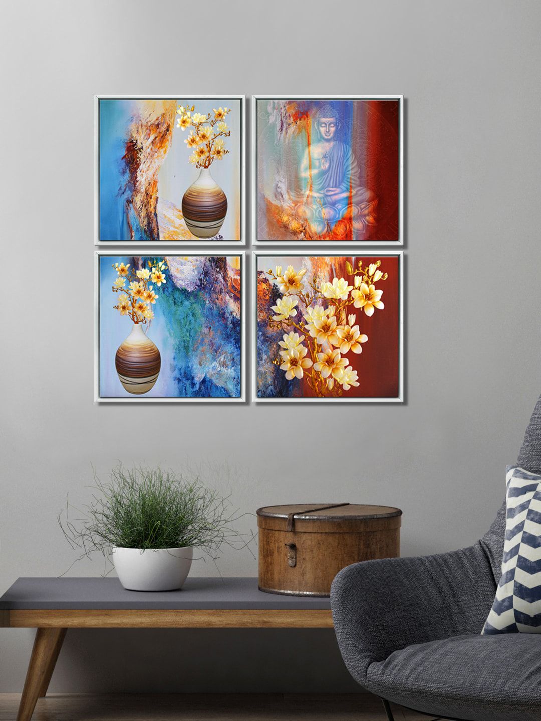 999Store Blue & Orange Set Of 4 Lord Buddha Flowers Abstract  Canvas Painting Wall Art Price in India