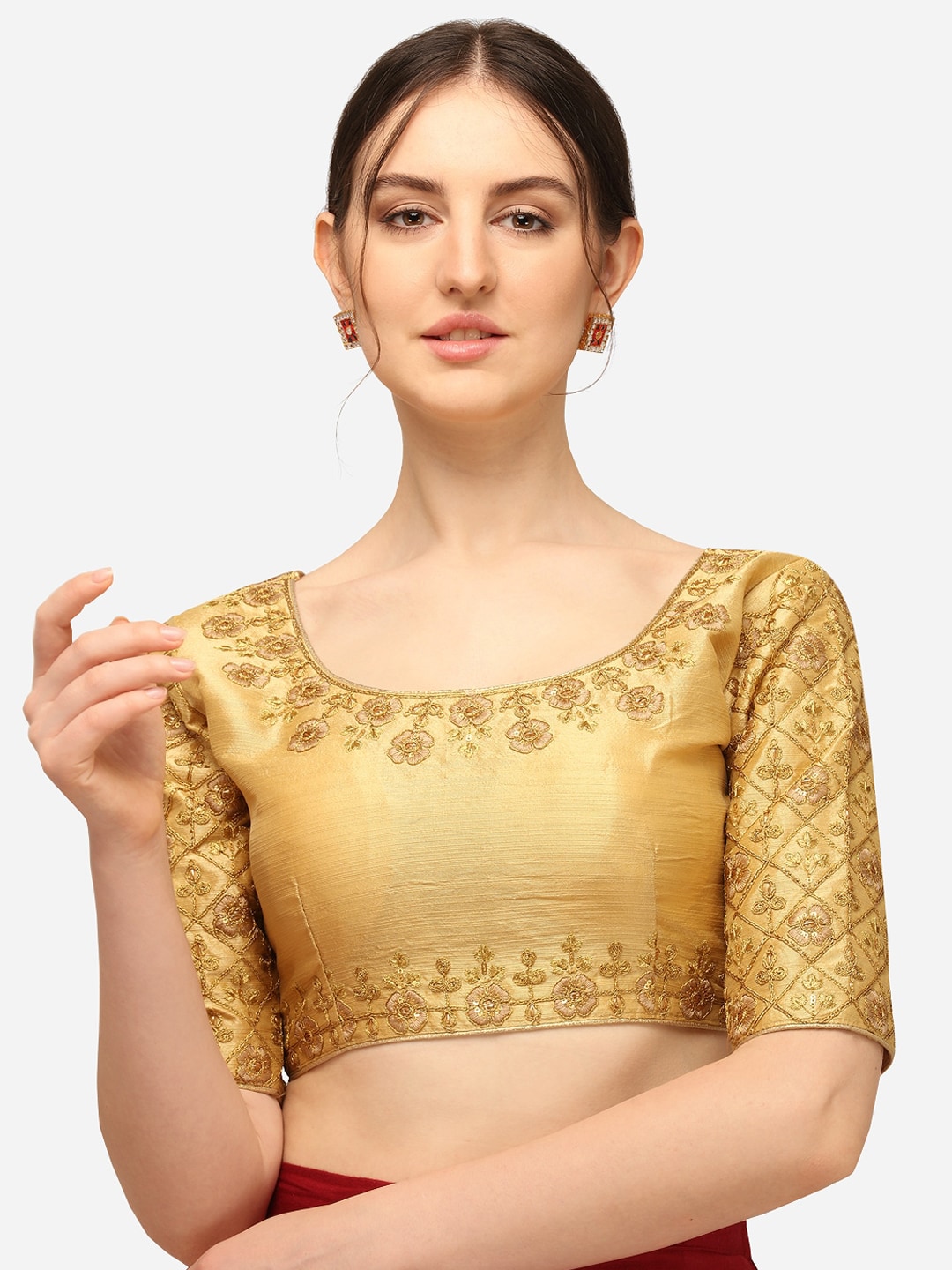 Mesmore Women Beige Embroidered Saree Blouse Price in India