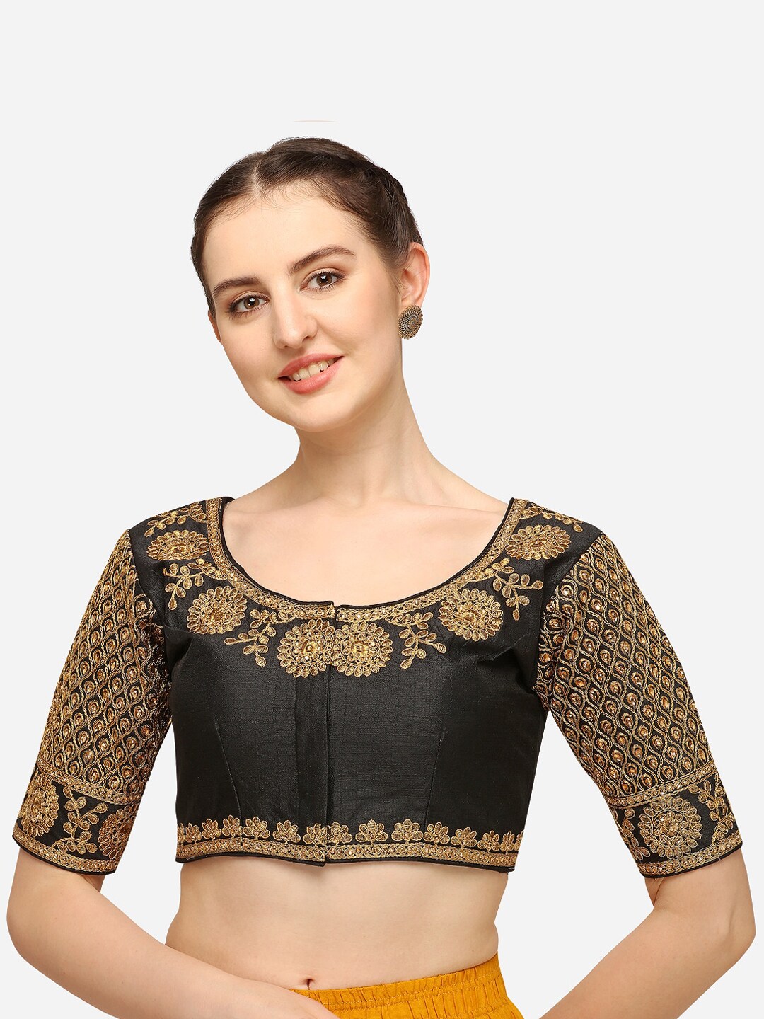 Mesmore Women Beige Embroidered Readymade Saree Blouse Price in India