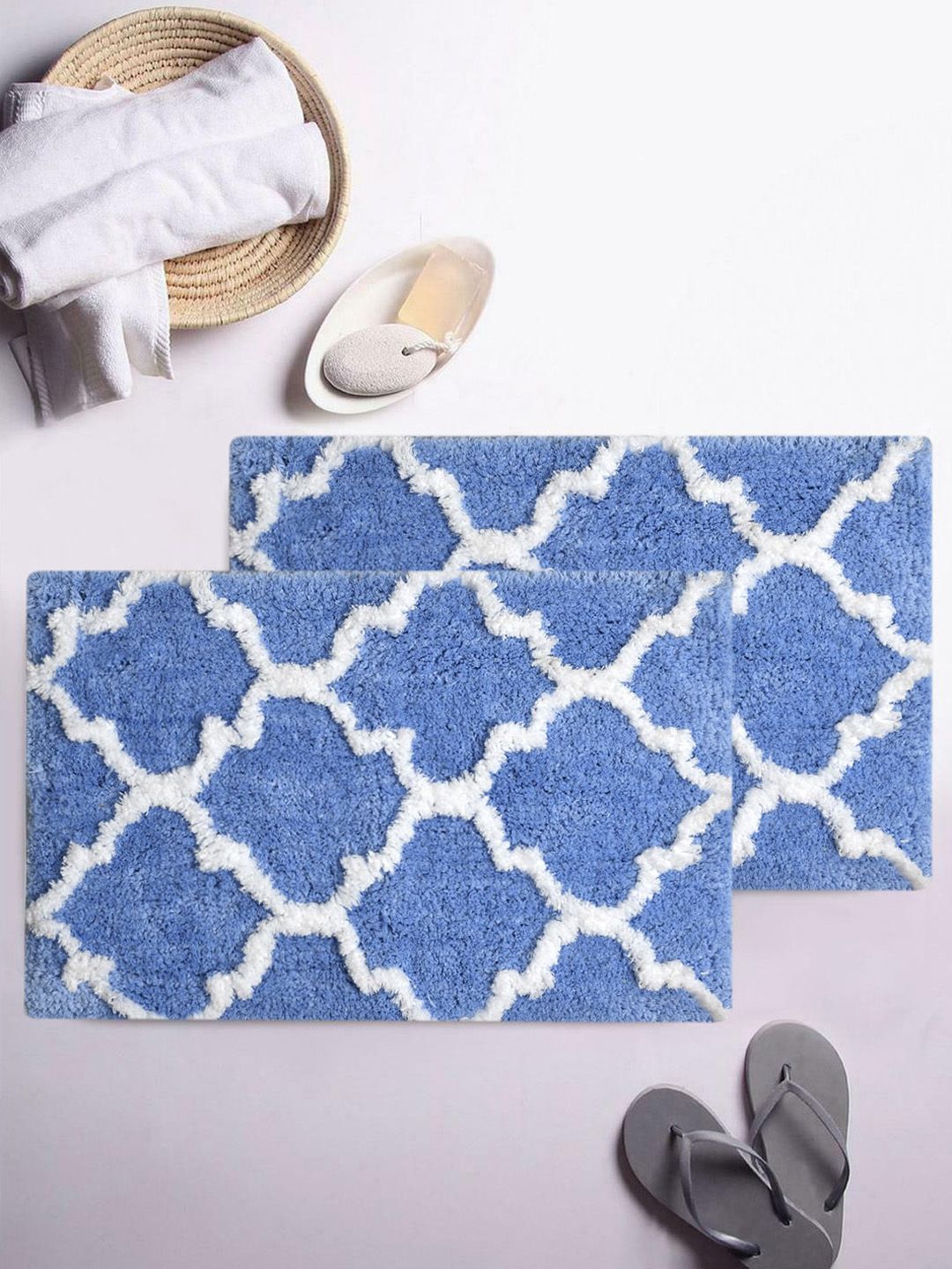 AEROHAVEN Blue Set Of 2 Printed 1850 GSM Bath Rugs Price in India