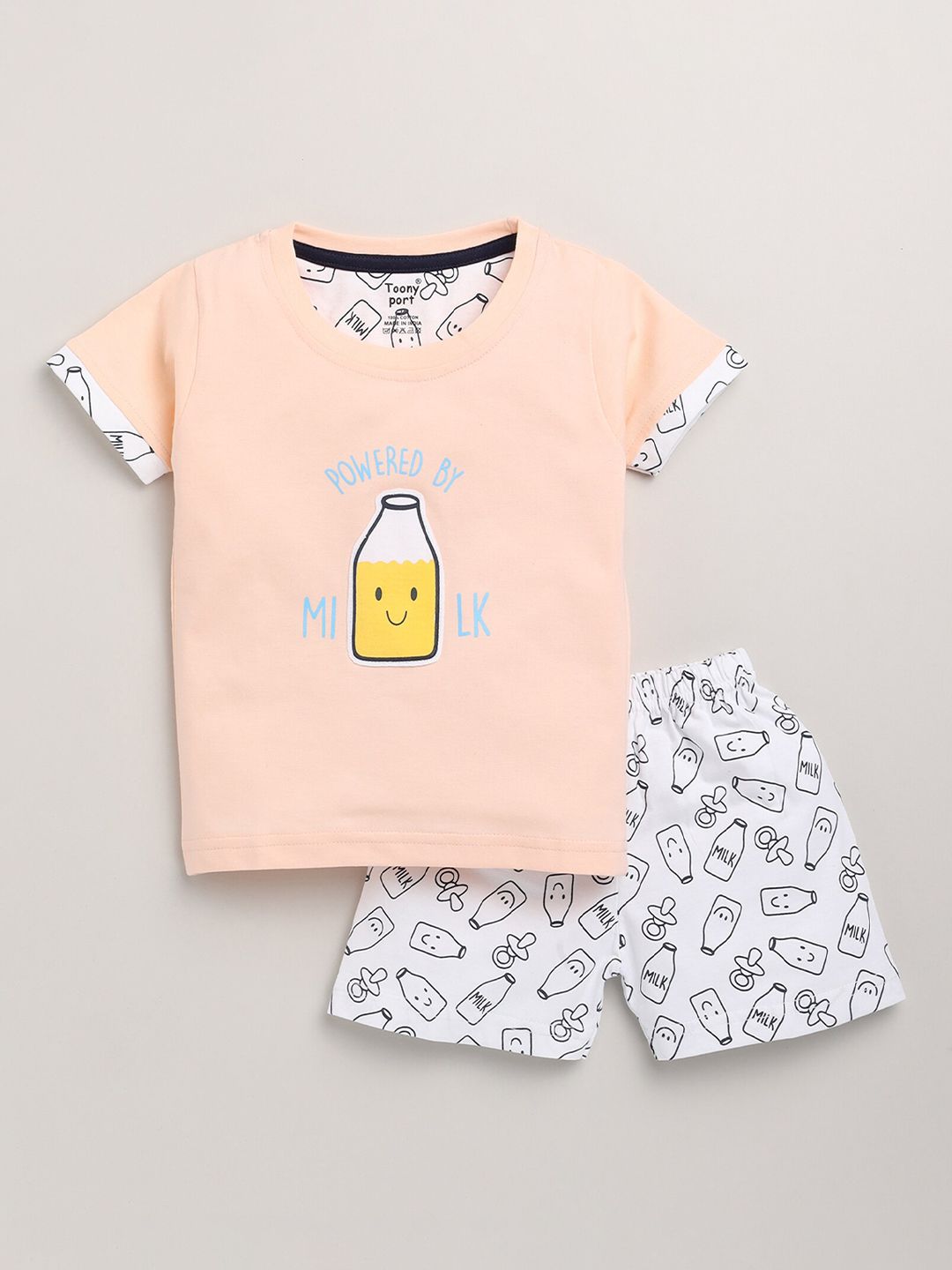 Toonyport Kids Peach & White Printed Pure Cotton T-shirt with Shorts