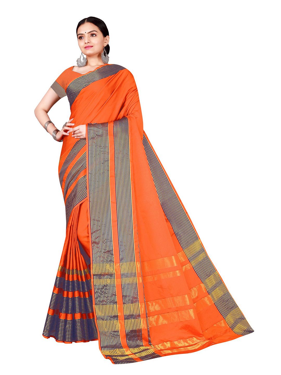 KALINI Orange & Blue Striped Cotton Silk Saree Price in India