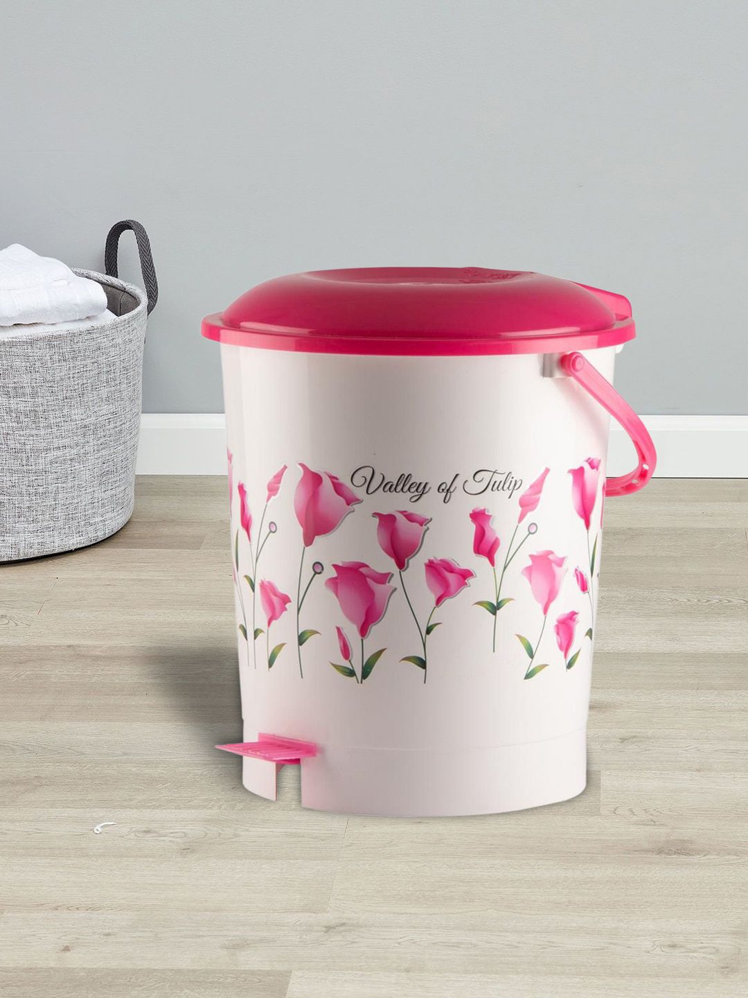 Kuber Industries Set Of 2 Pink Floral Printed Plastic Pedal Dustbin With Handle Price in India