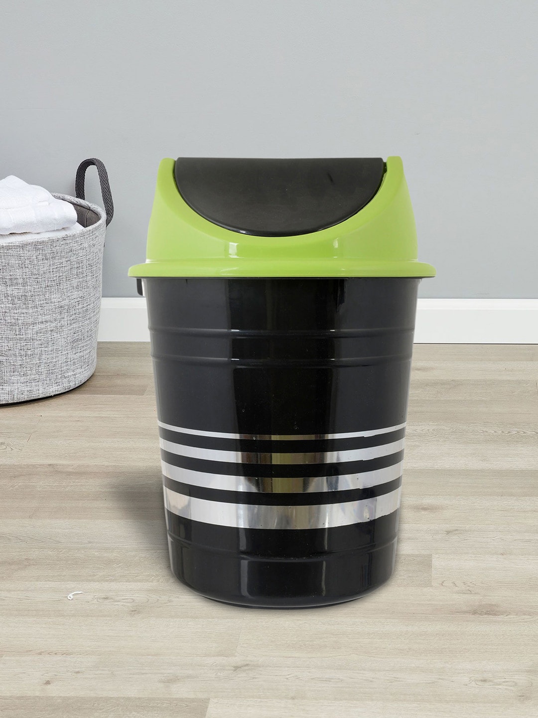 Kuber Industries Set Of 2 Black & Green Striped Push Can Dustbin Price in India