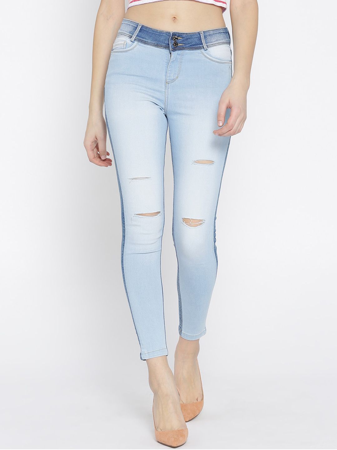 Xpose Women Blue Comfort Slim Fit High-Rise Mildly Distressed Light Fade Colourblocked Stretchable Jeans Price in India