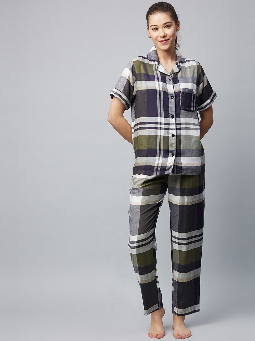 StyleStone Women Olive Green & White Checked Pure Cotton Night suit Price in India