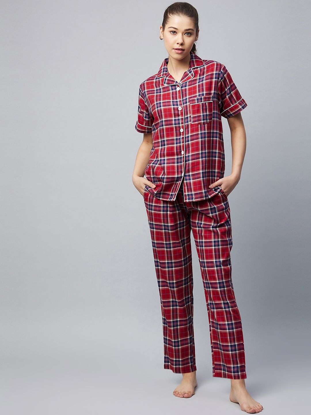 StyleStone Women Red & Blue Checked Cotton Night suit Price in India