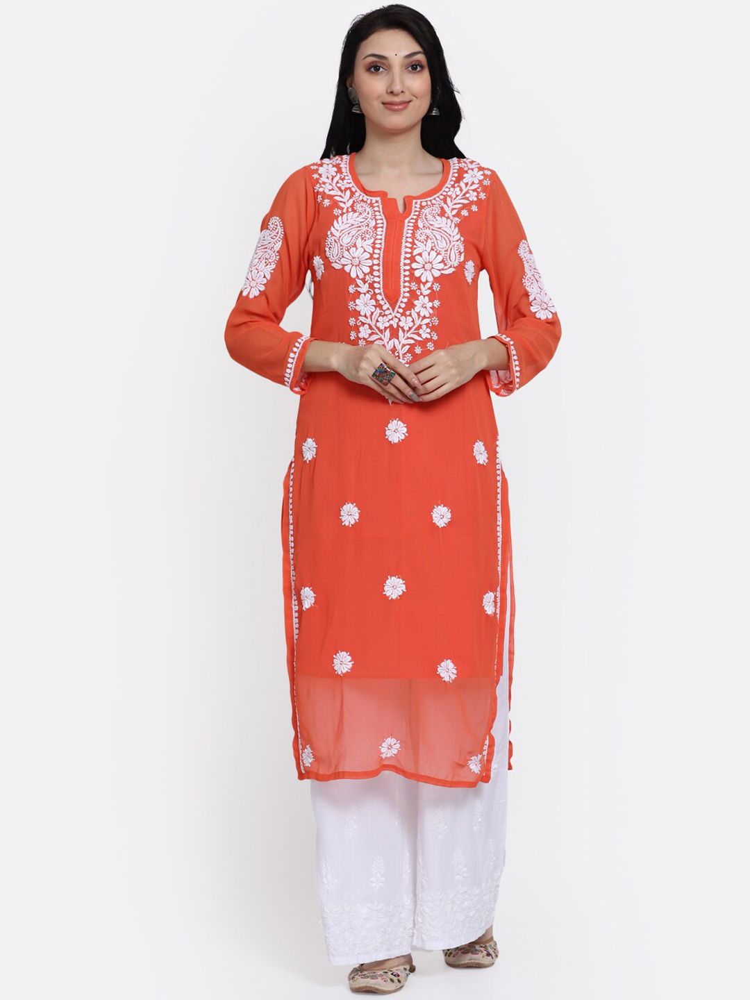 PARAMOUNT CHIKAN Women Orange Floral Chikankari Embroidered Georgette Kurta Price in India