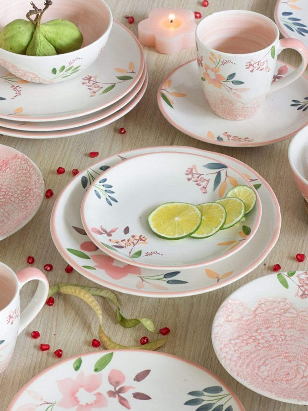 The Wishing Chair White & Pink Set Of 4 Floral Printed Stoneware Glossy Plates Price in India