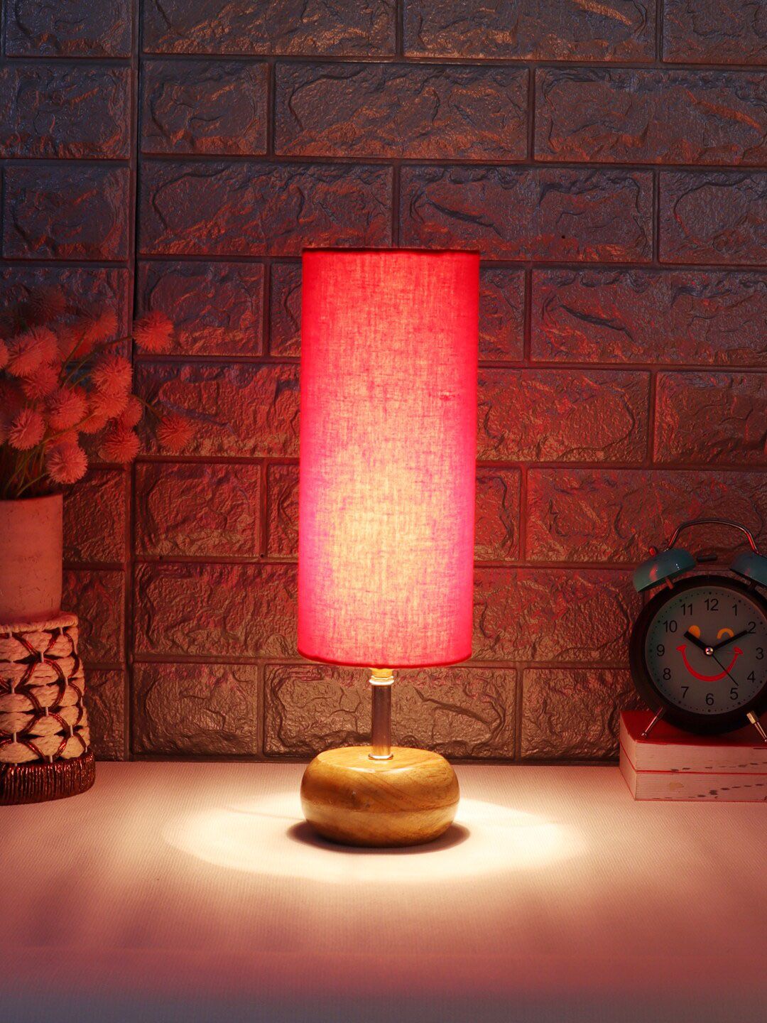 Devansh Red Wood Table Lamp with Cotton Shade Price in India