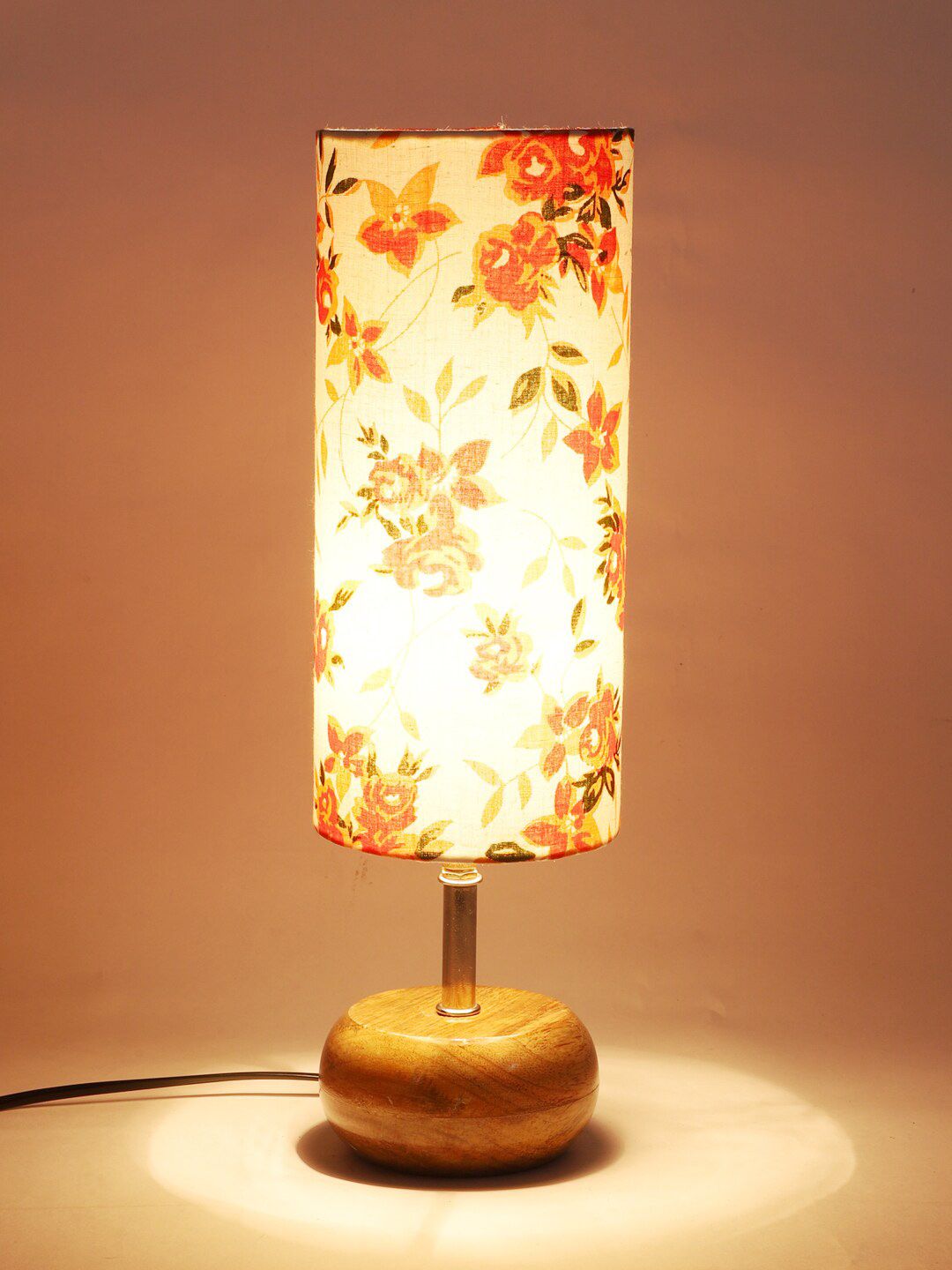 Devansh White & Tan Brown Printed Wooden Table Lamp with Cotton Shade Price in India