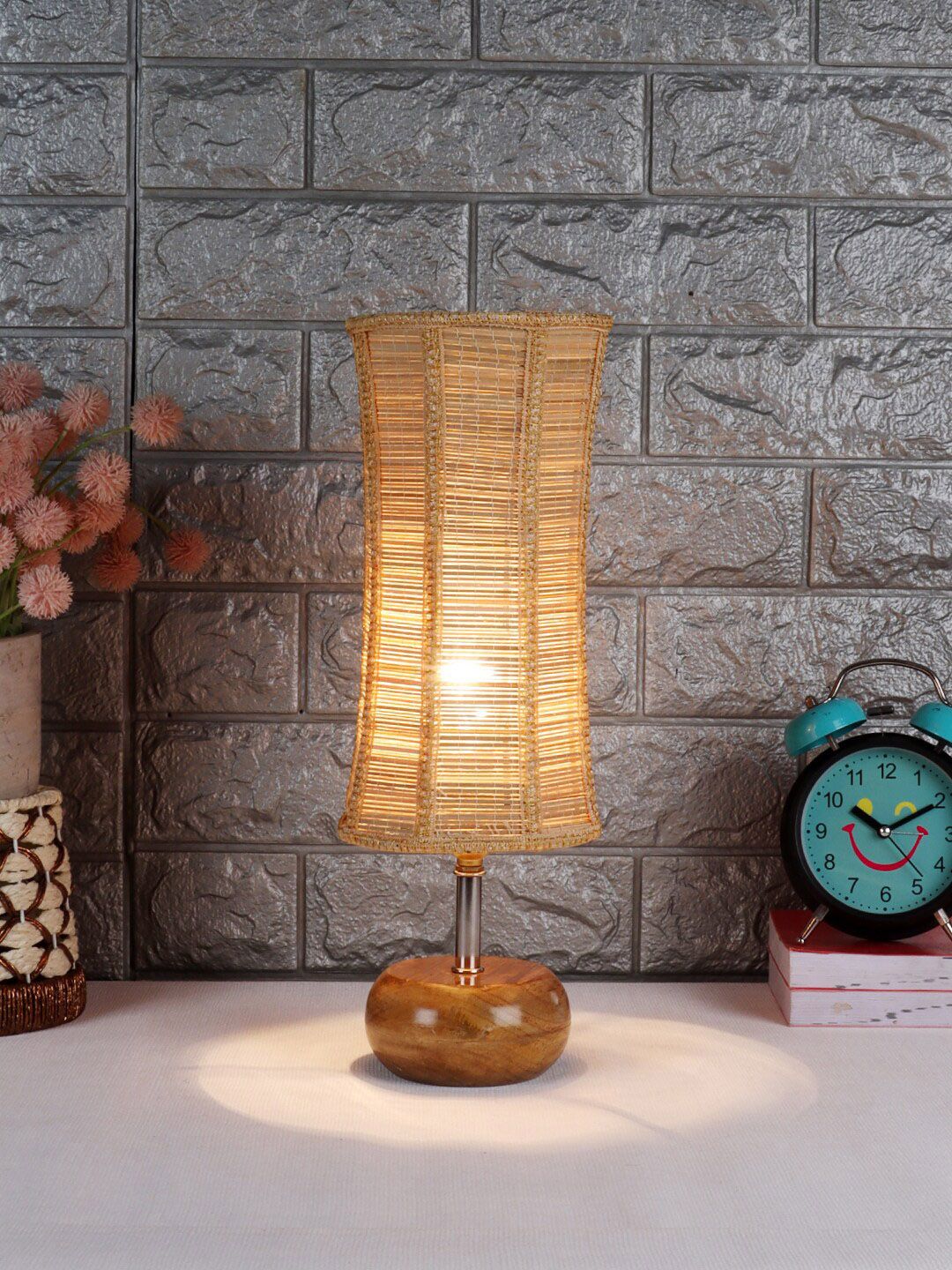 Devansh Beige Abstract Shaped Bamboo Shade Table Lamp With Wooden Stand Price in India