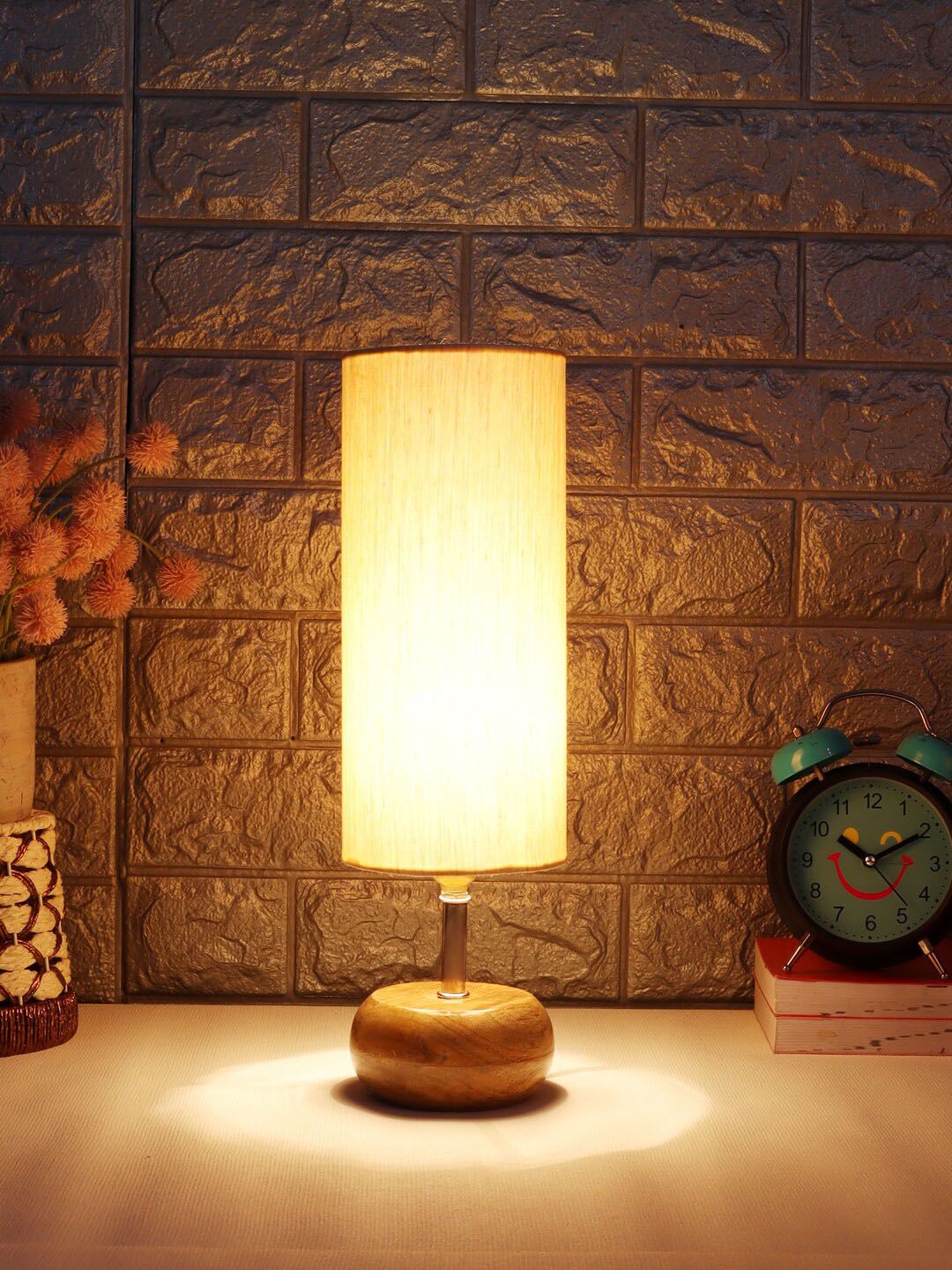 Devansh Off-White Wood Table Lamp With Cotton Shade Price in India