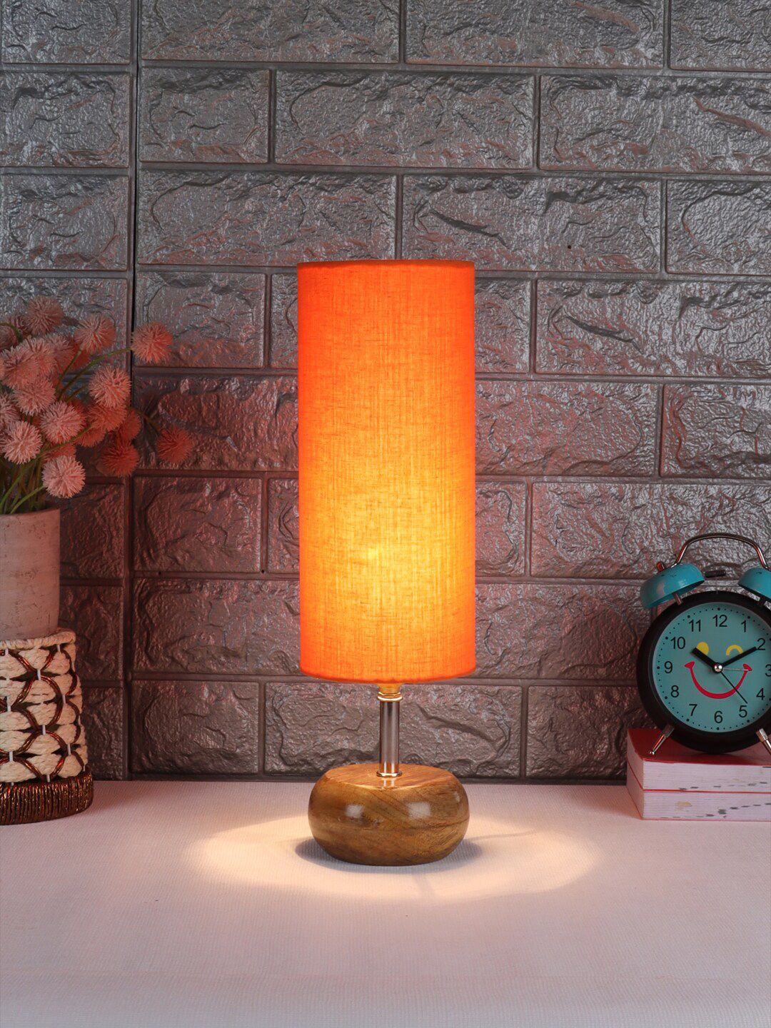 Devansh Orange & Tan Brown Solid Wooden Table Lamp with Cotton Shade Price in India