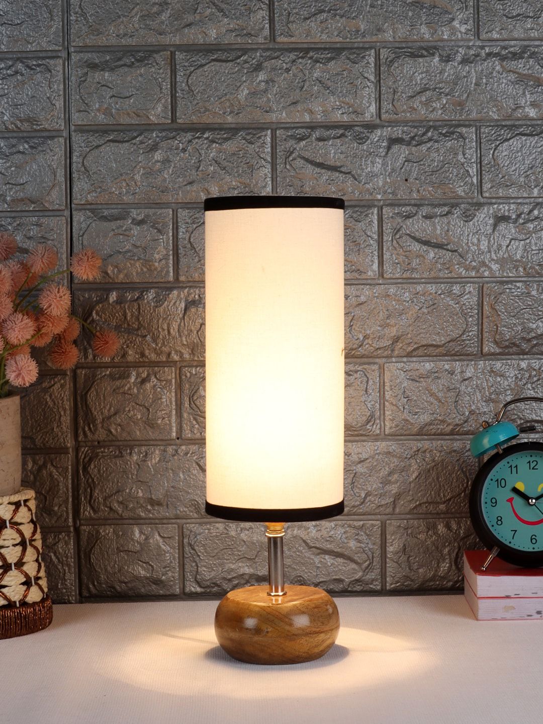 Devansh White & Brown Wood Table Lamp with Bamboo Shade Price in India